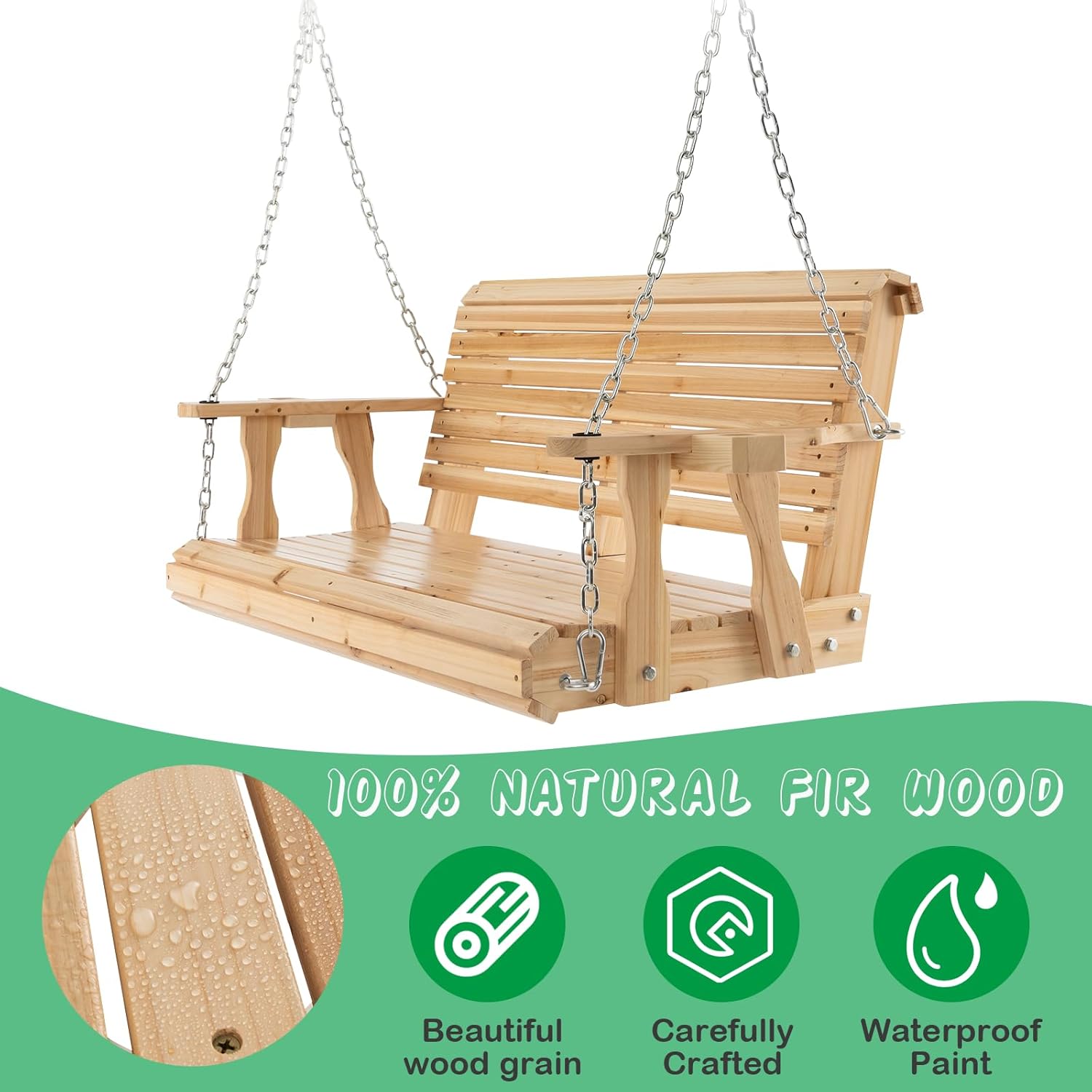 2 Seater Wooden Garden Swing Bench Cup Holders Natural