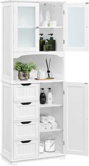 Tall Bathroom Storage Cabinet 4 Drawers Glass Doors White Unit