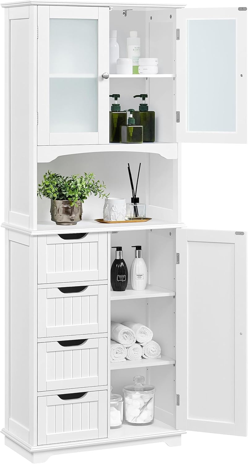Tall Bathroom Storage Cabinet 4 Drawers Glass Doors White Unit