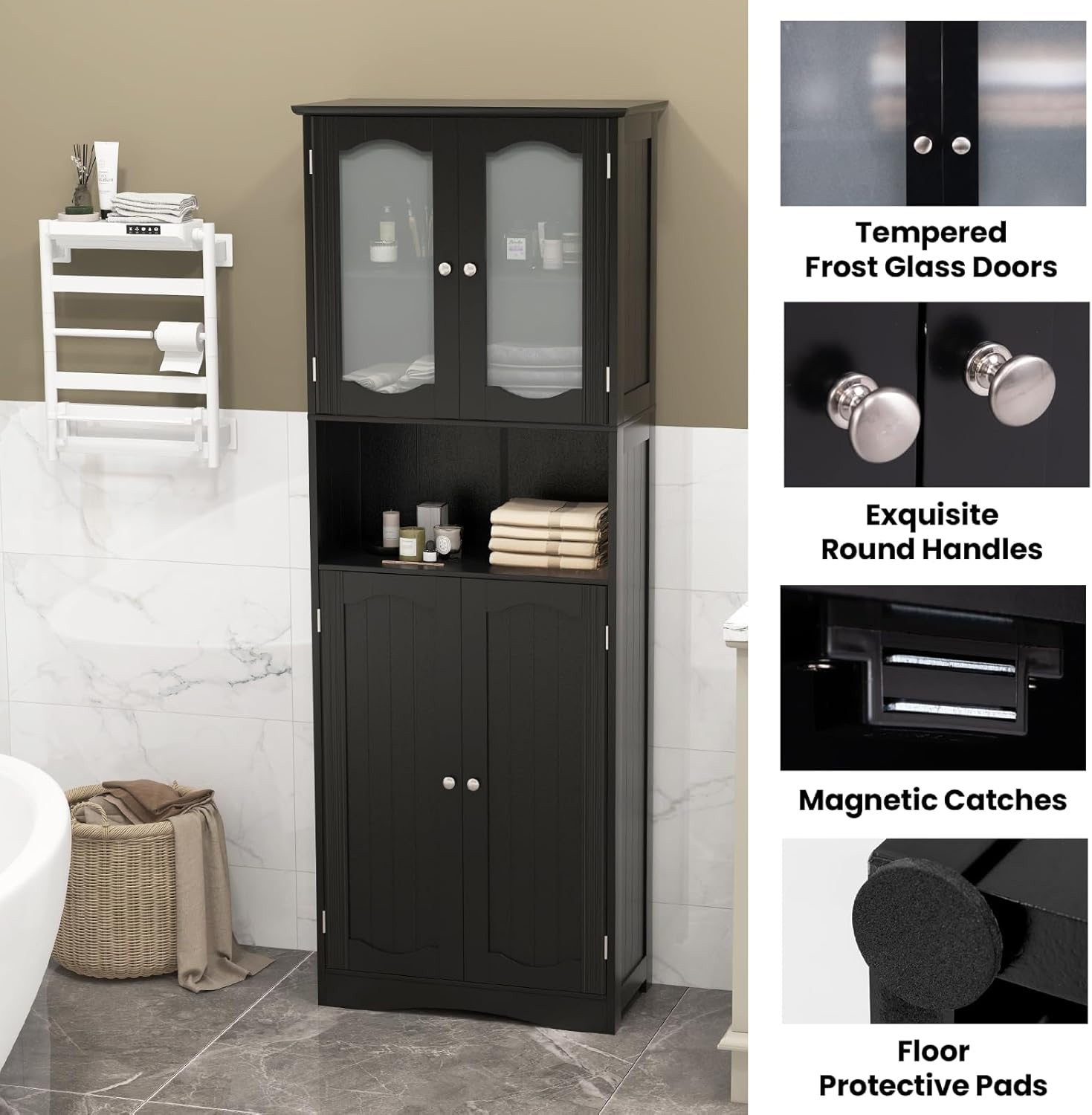 Tall Black Storage Cabinet Frost Glass Door Shelf Unit