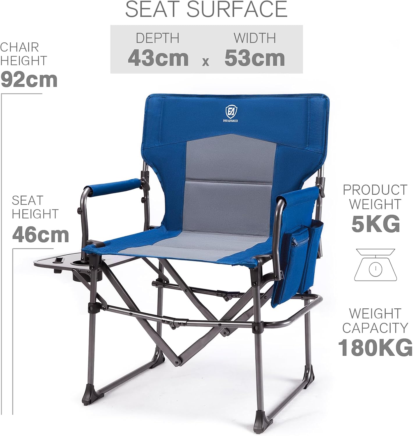 Heavy Duty Folding Directors Chair 180kg Side Table Blue