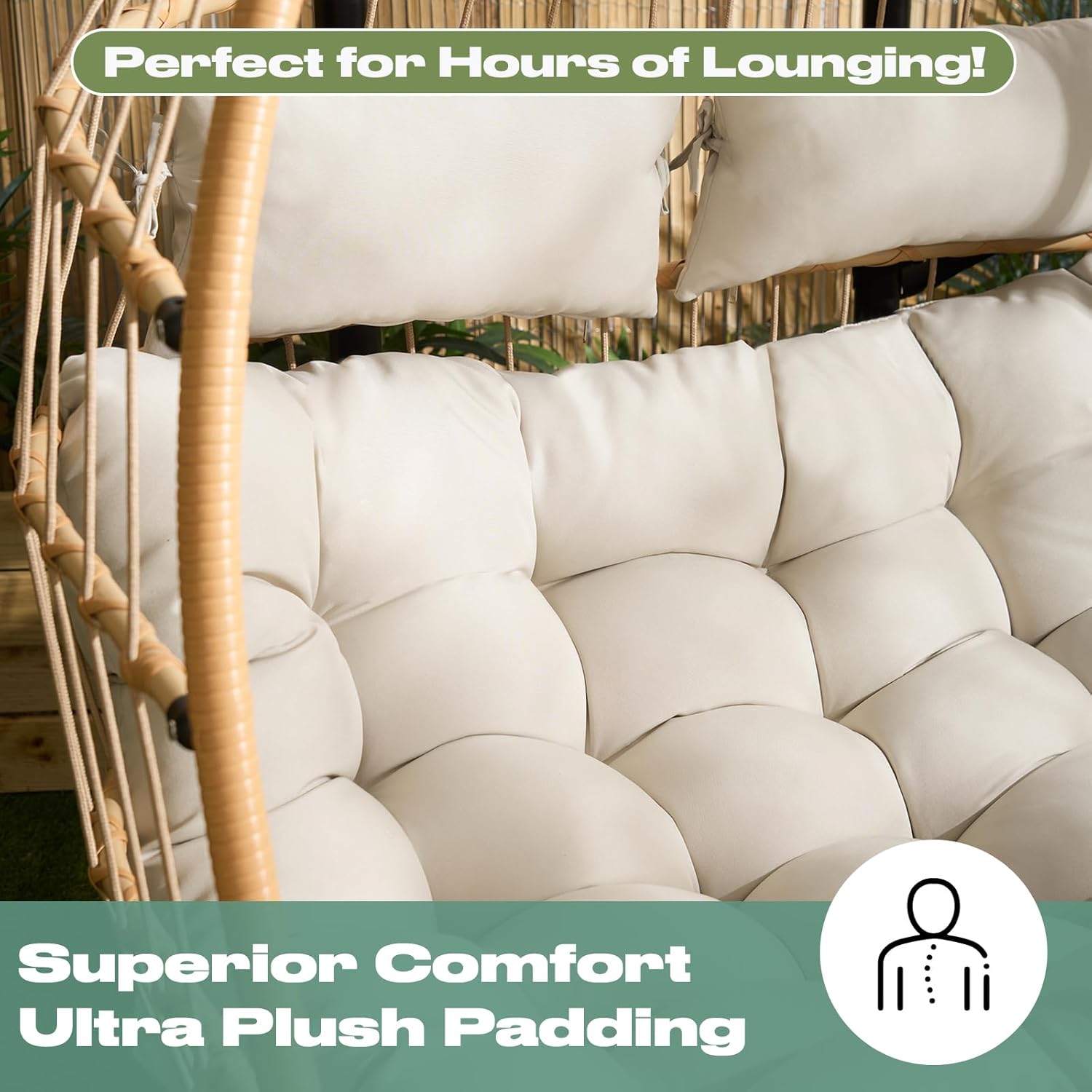 Double Egg Chair Natural Rattan Swing with Stand Cushion