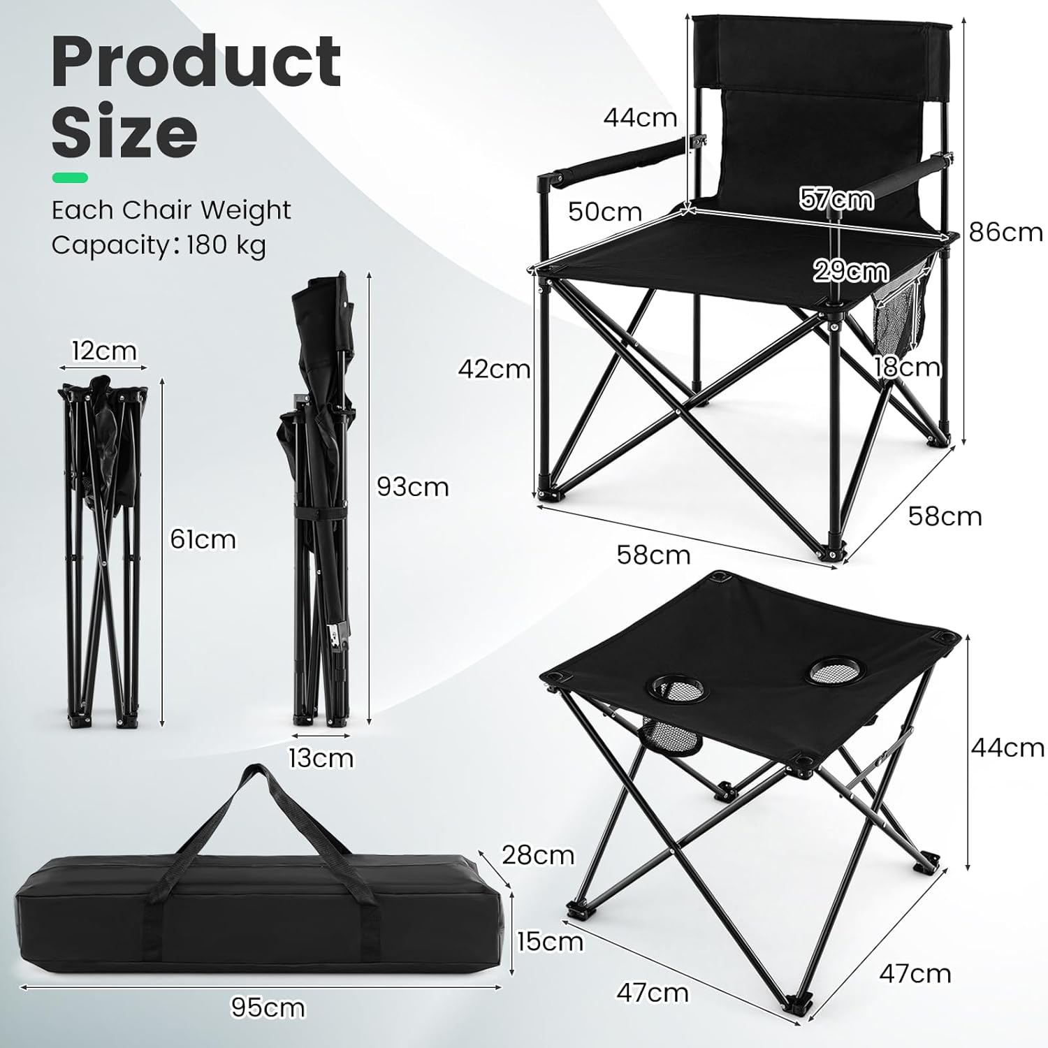 3 Piece Folding Camping Chairs and Table Set Portable