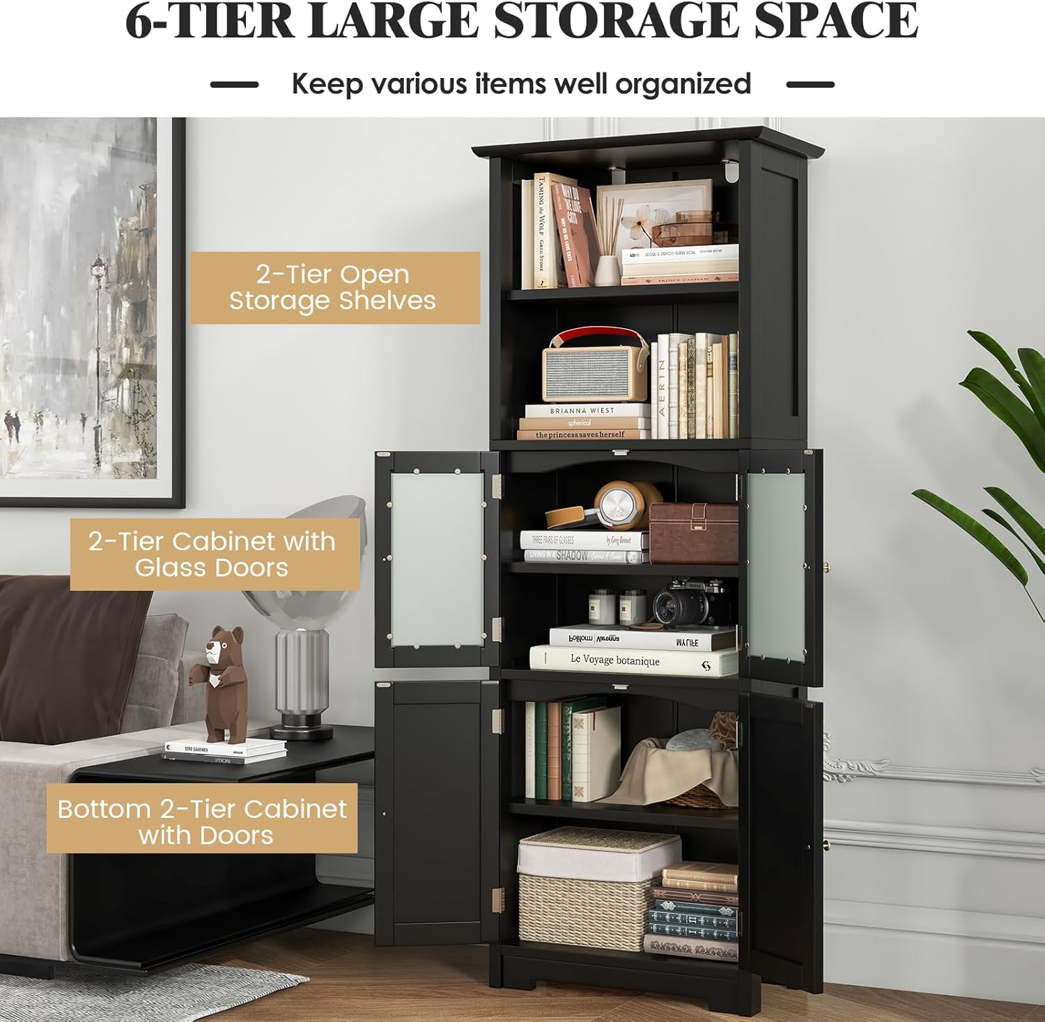 Tall Storage Cabinet Glass Door Shelf Unit Black