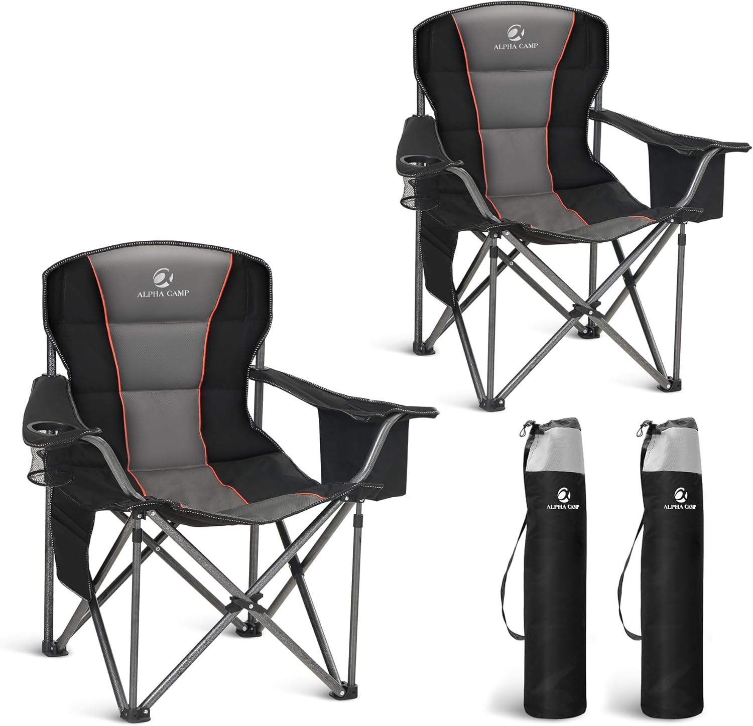 Set of 2 Heavy Duty Folding Camping Chairs 200kg Cooler Black