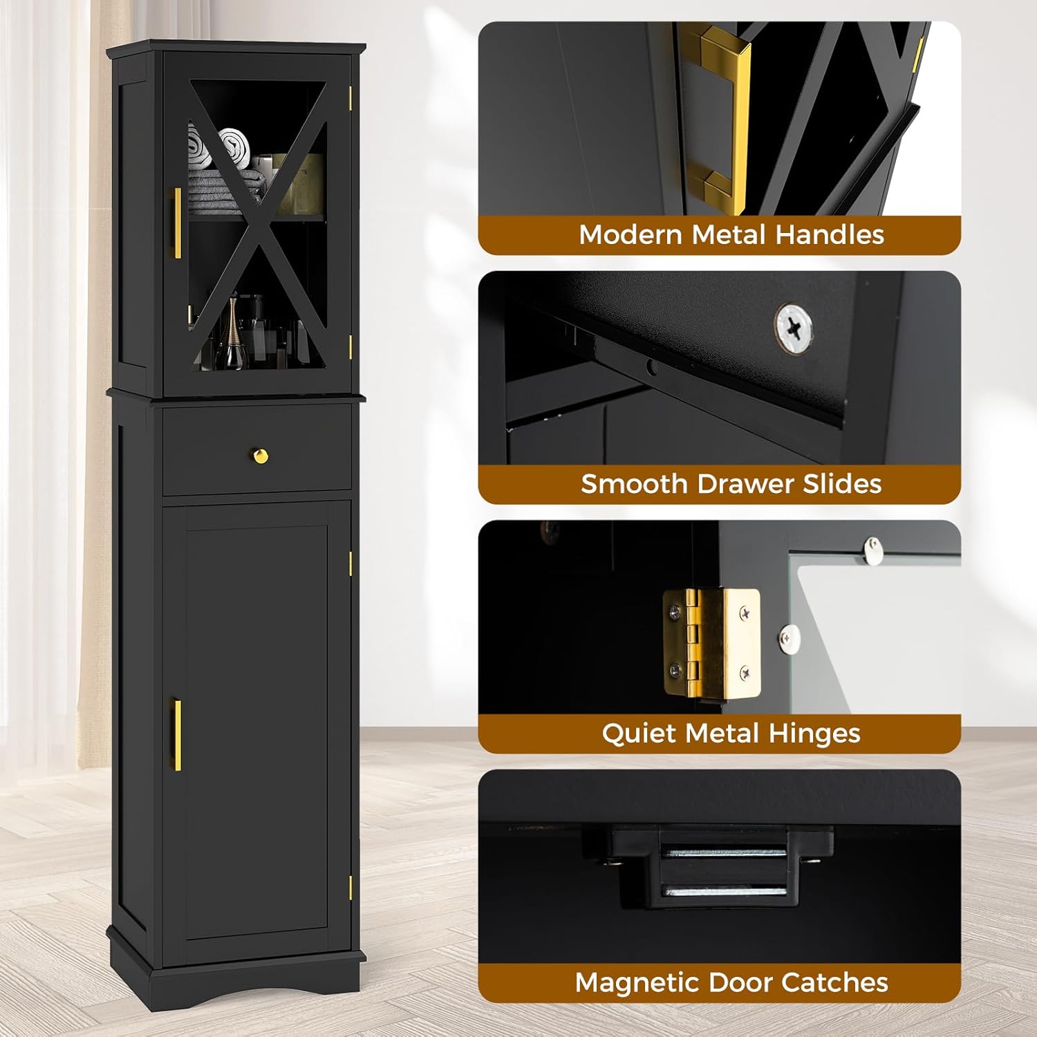 Slim Bathroom Tall Cabinet Drawer 2 Door Shelf Unit Black