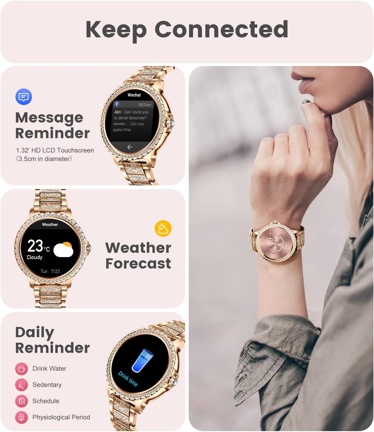 Womens Smart Watch Bluetooth Calling Fitness Tracker Rose Gold