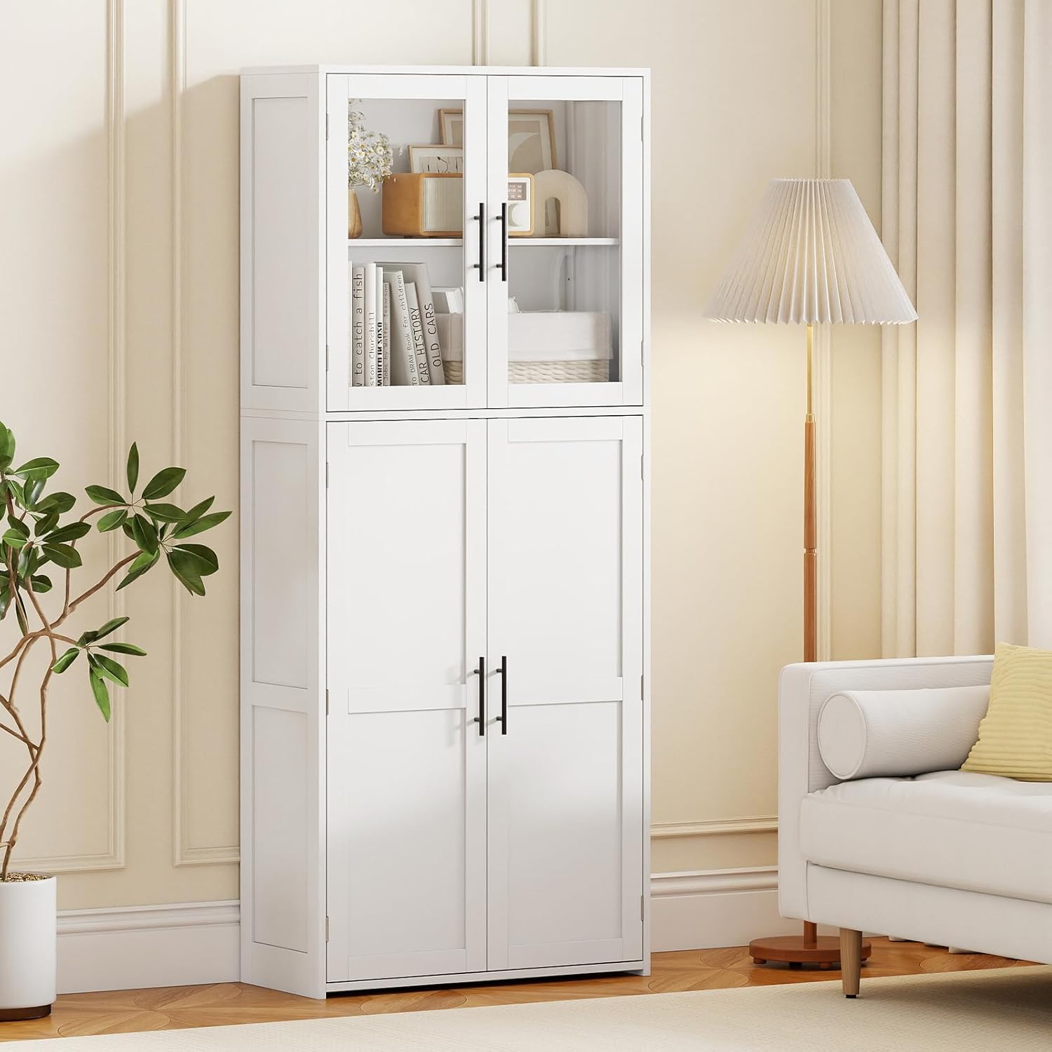 Tall Storage Cabinet White Glass Door Hook Shelf Unit