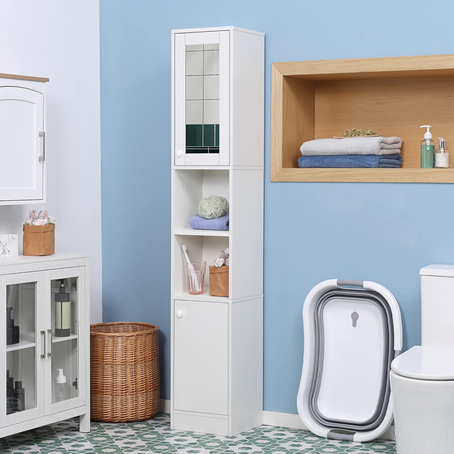 Tall Bathroom Storage Cabinet with Mirror Slim Freestanding White