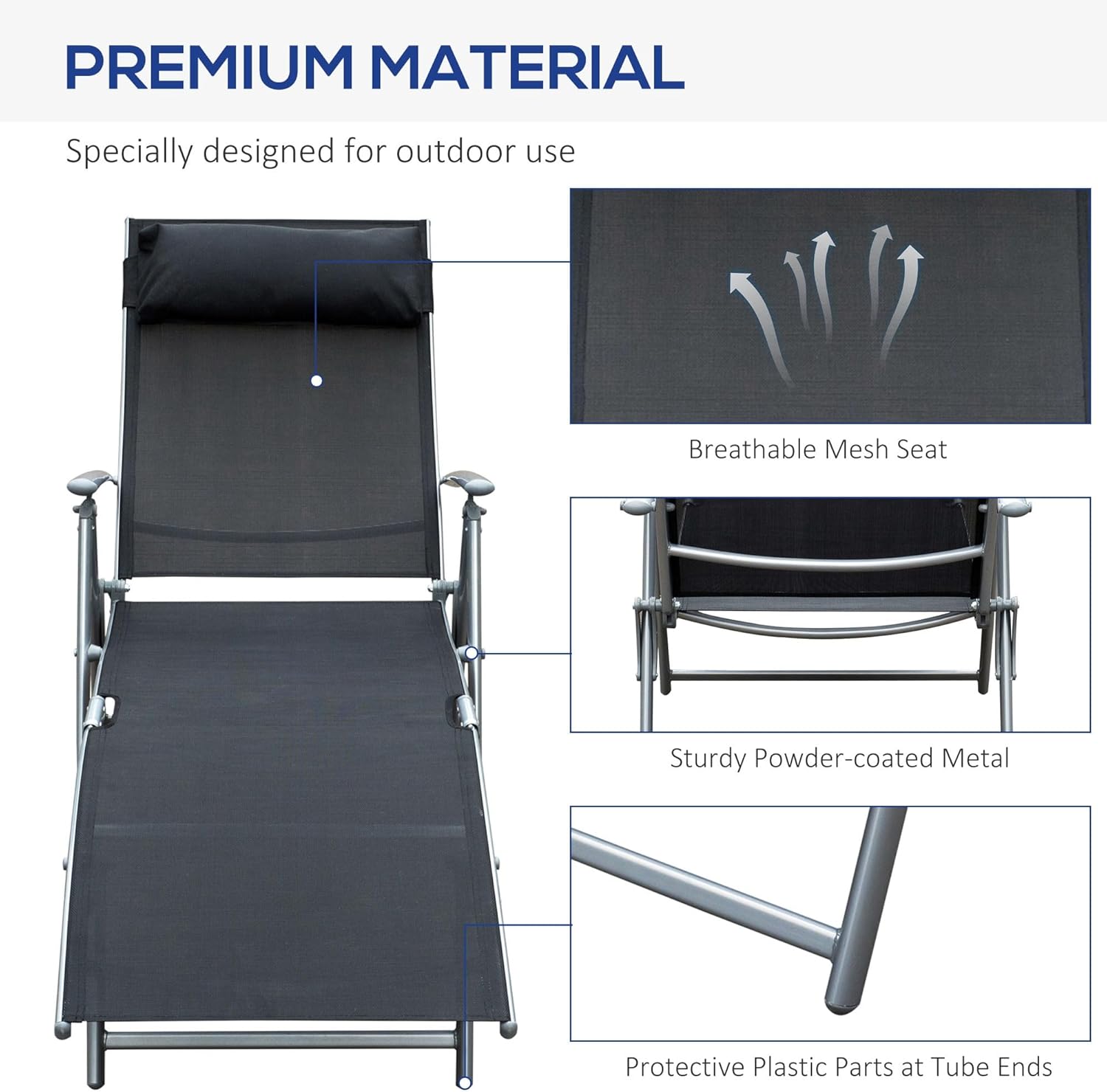 Heavy Duty Folding Sun Lounger 7 Level Recliner Black
