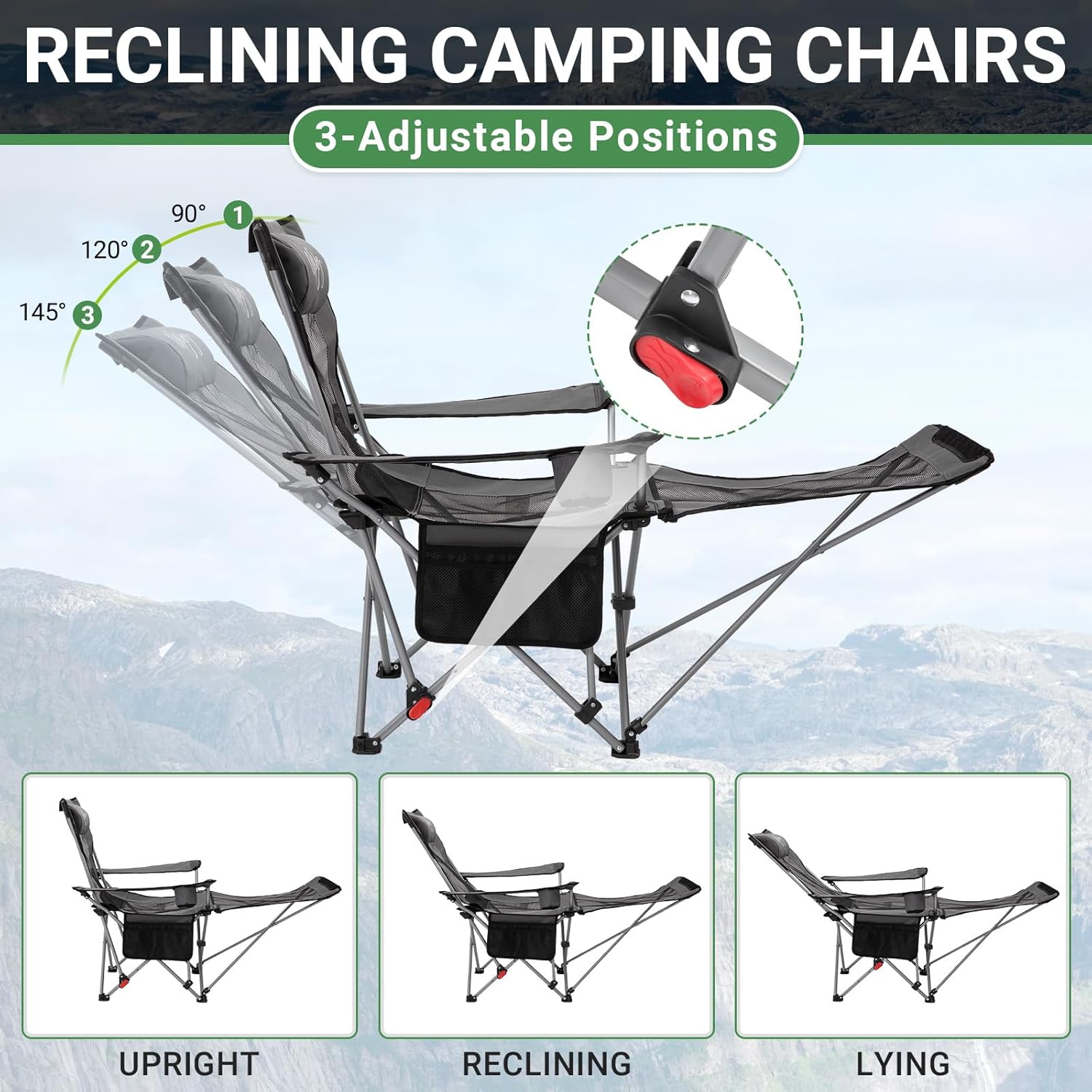 Set of 2 Reclining Camping Chairs Dark Grey