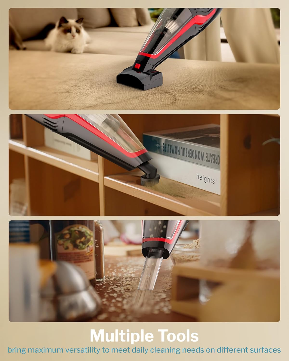 Cordless Pet Hair Handheld Vacuum HEPA Brush LED Light Red