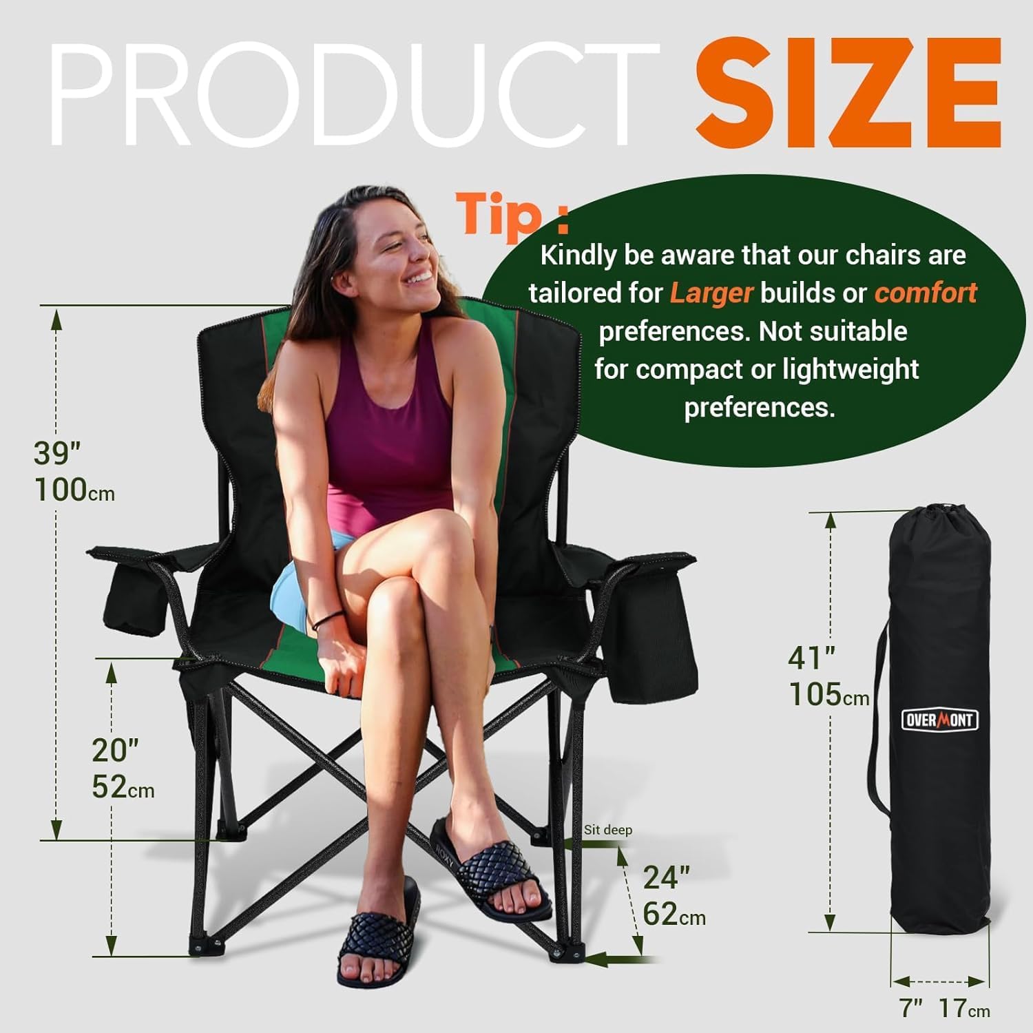 Oversized Camping Chair 450lb Cooler Bag High Back Green