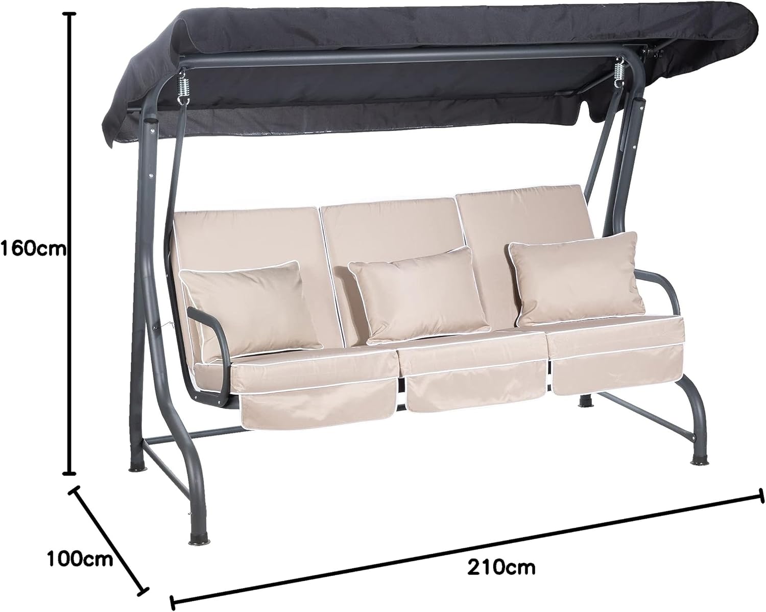 3 Seater Garden Swing Seat Taupe Canopy Cushions Heavy Duty 250kg