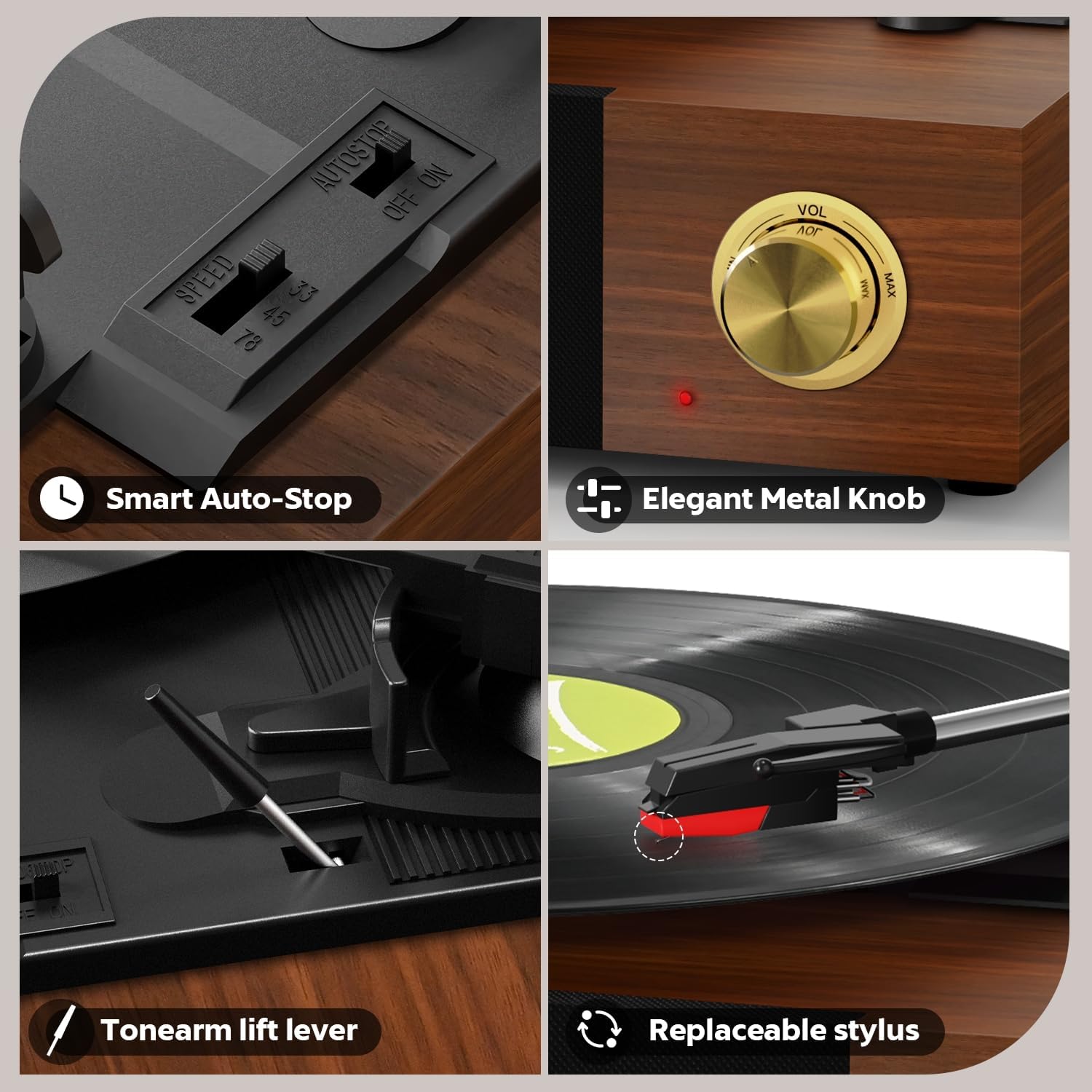 Bluetooth Vinyl Record Player 3 Speed Built In Speakers Walnut