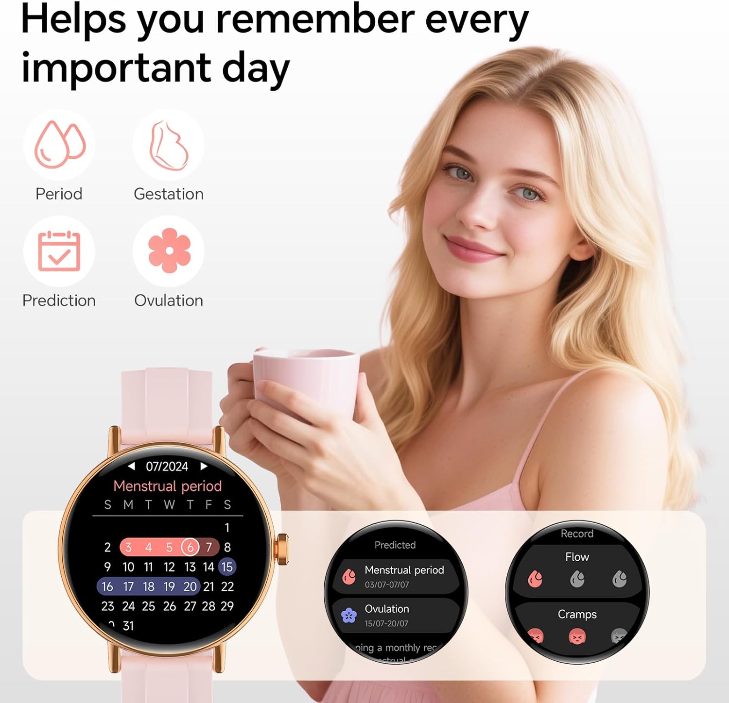 Womens Round Smart Watch Bluetooth Call Pink 2 Bands
