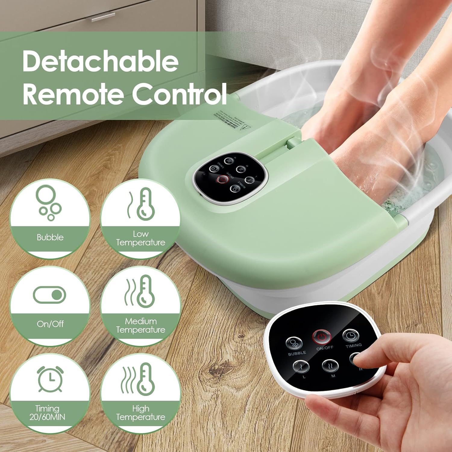 Foldable Foot Spa Massager Heated Bubble Soaker Timer Remote
