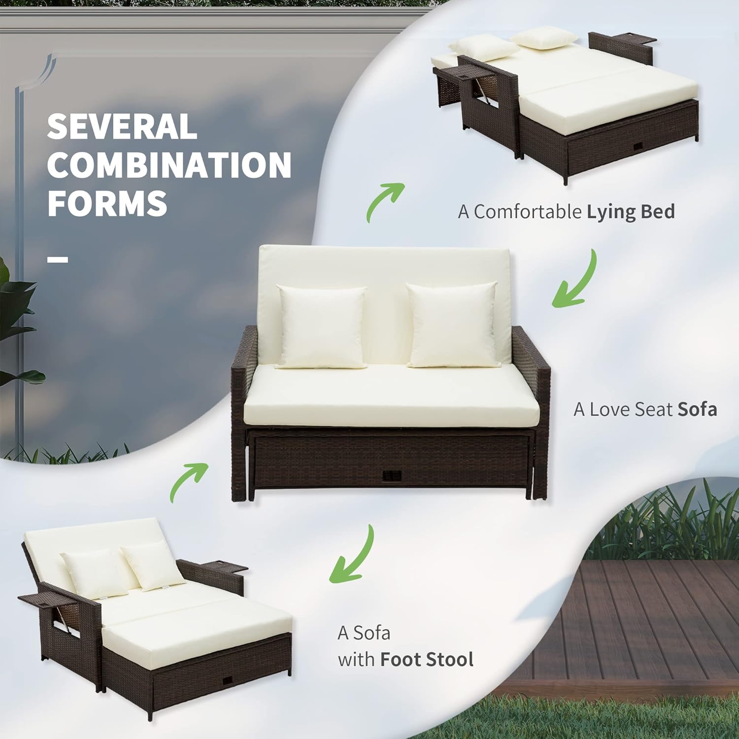 Double Rattan Sun Lounger Daybed Storage Ottoman Brown