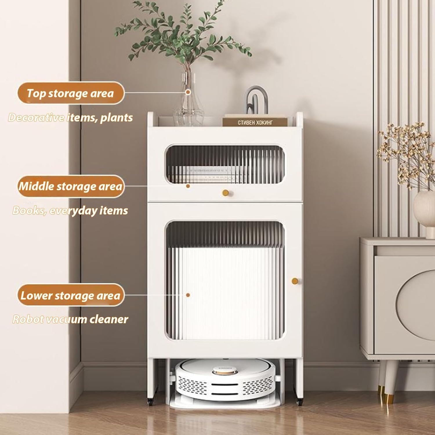 Robot Vacuum Storage Cabinet Stand with Wheels Drawer Glass Door