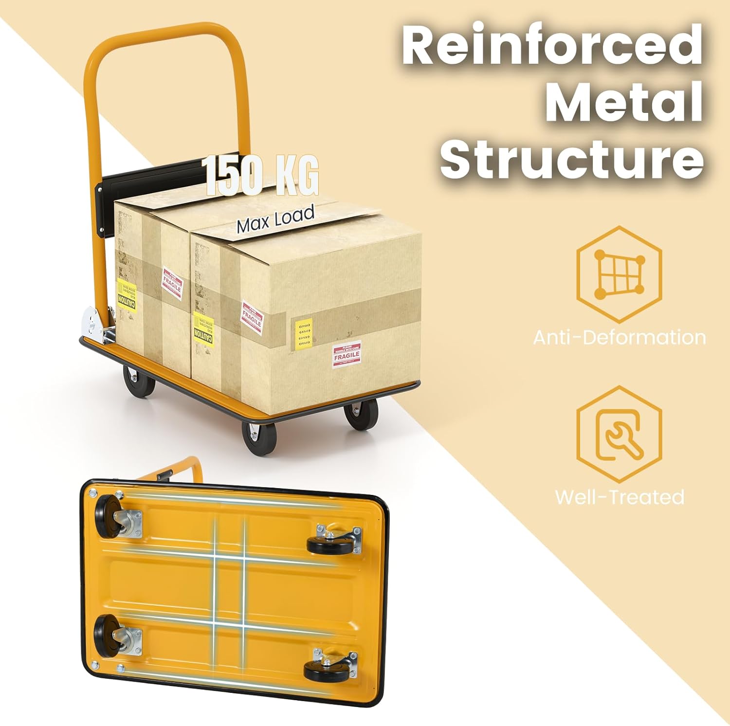 Folding Push Cart Dolly 150KG Flatbed Trolley Black Yellow