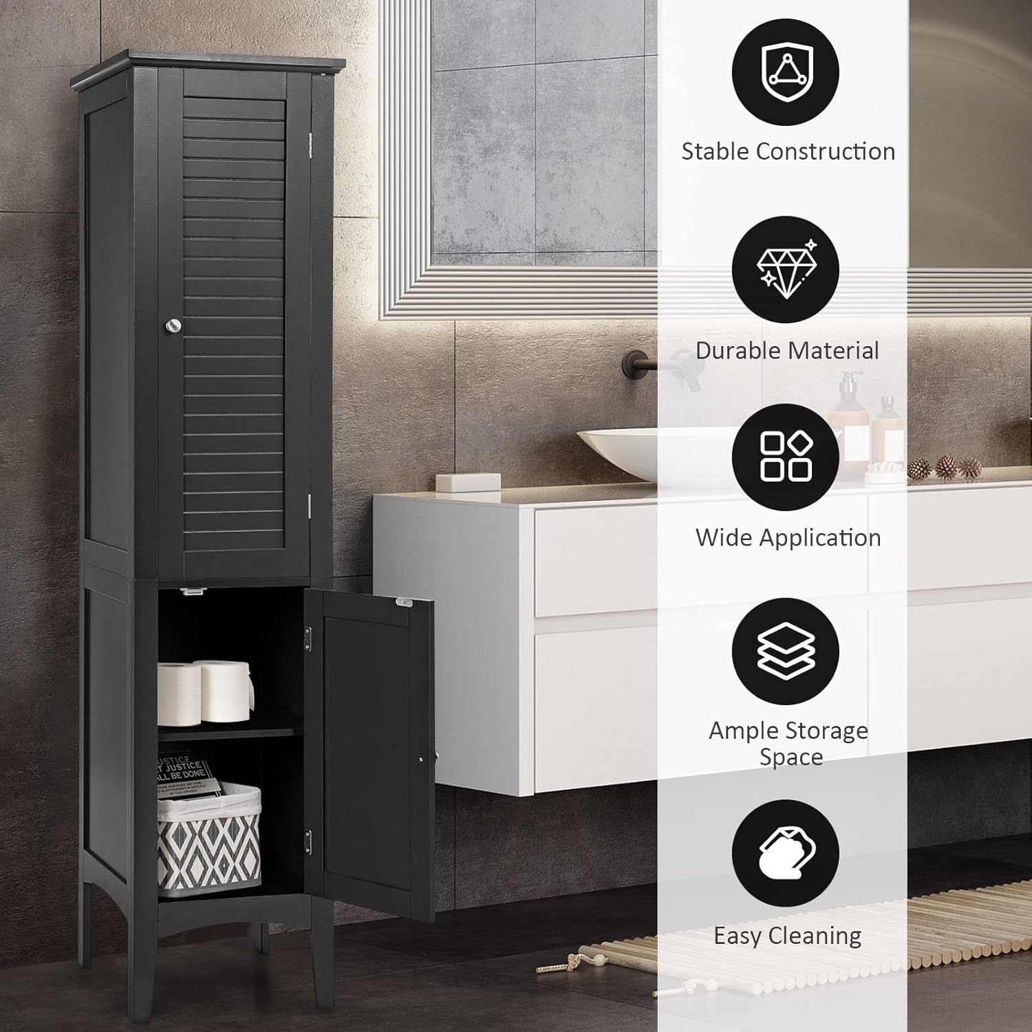 Slim Bathroom Tall Cabinet 2 Door 5 Tier Shelf Unit Black