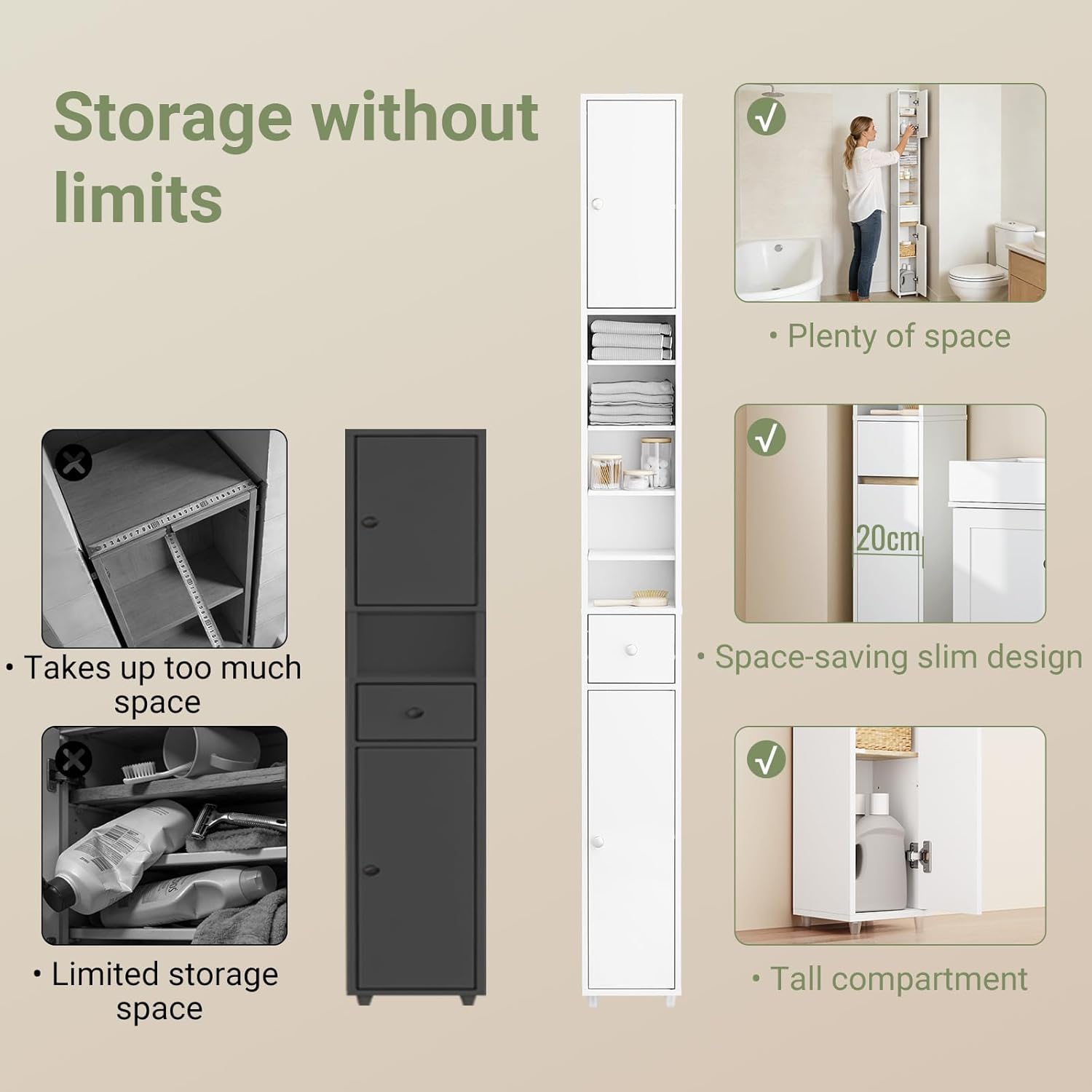 Slim Tall Bathroom Storage Cabinet 20cm White Natural 180cm