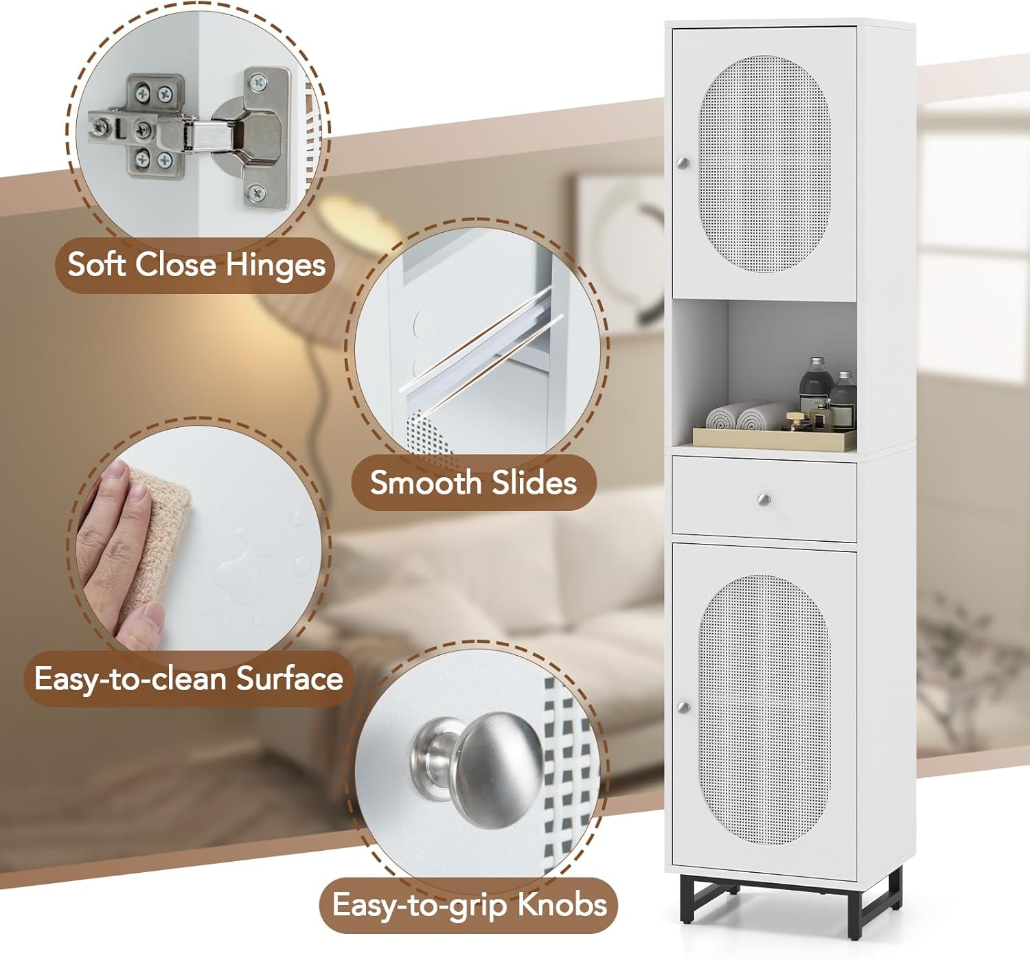 Tall Slim Storage Cabinet White Rattan Drawer Door Unit