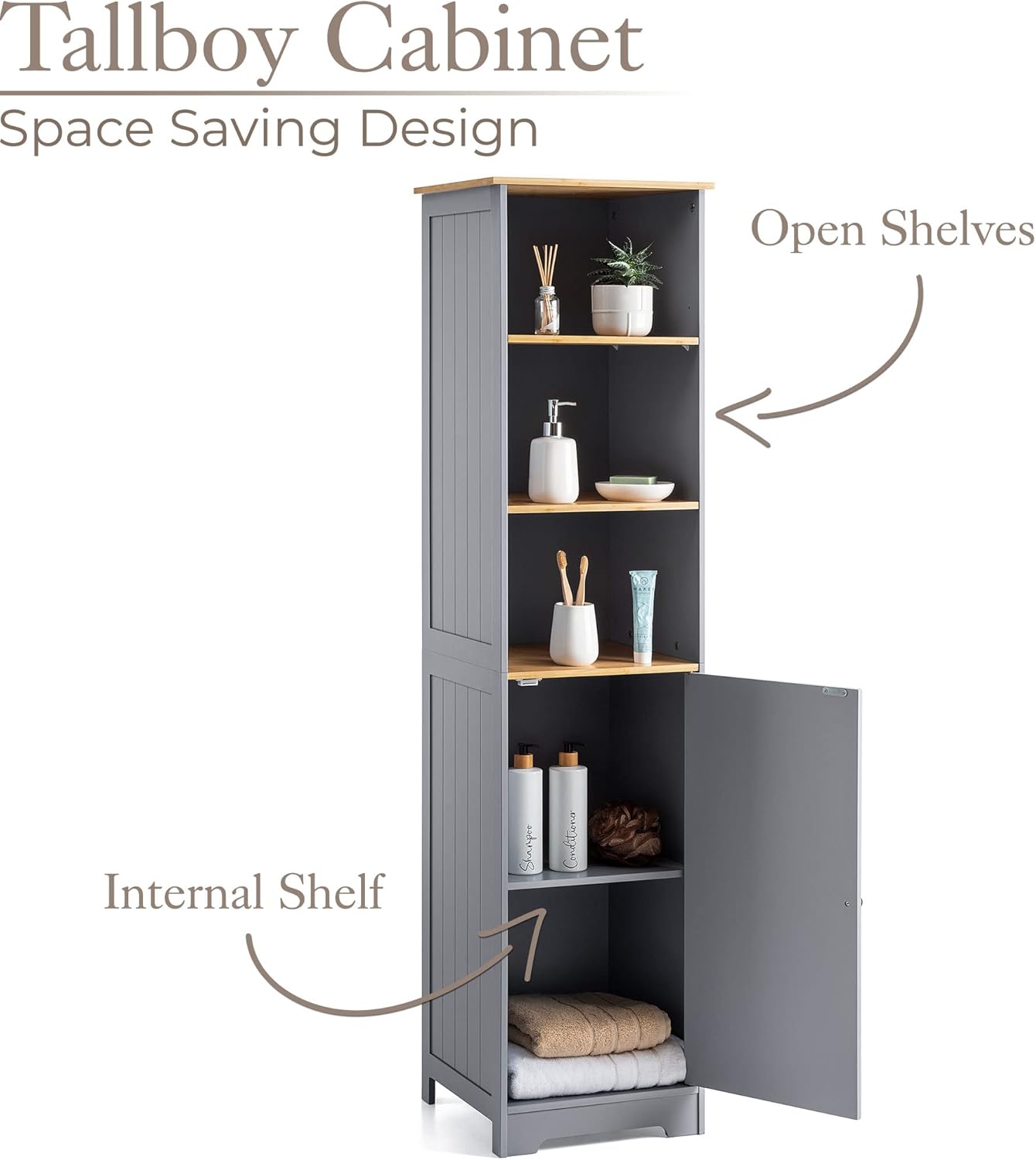 Tall Bathroom Storage Cabinet Grey Bamboo Shelf Unit