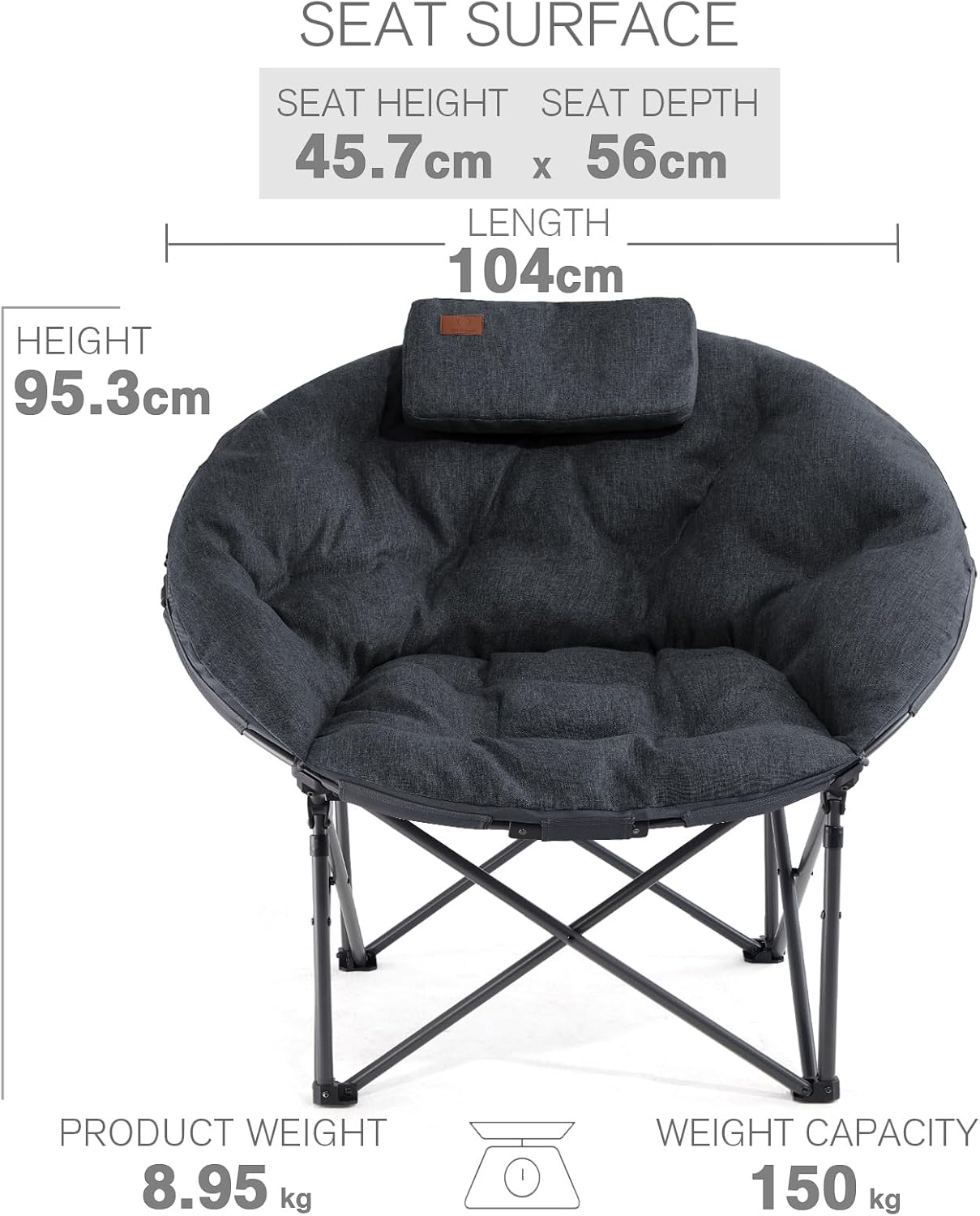XL Moon Chair with 6CM Padding Wide Foldable Seat Black