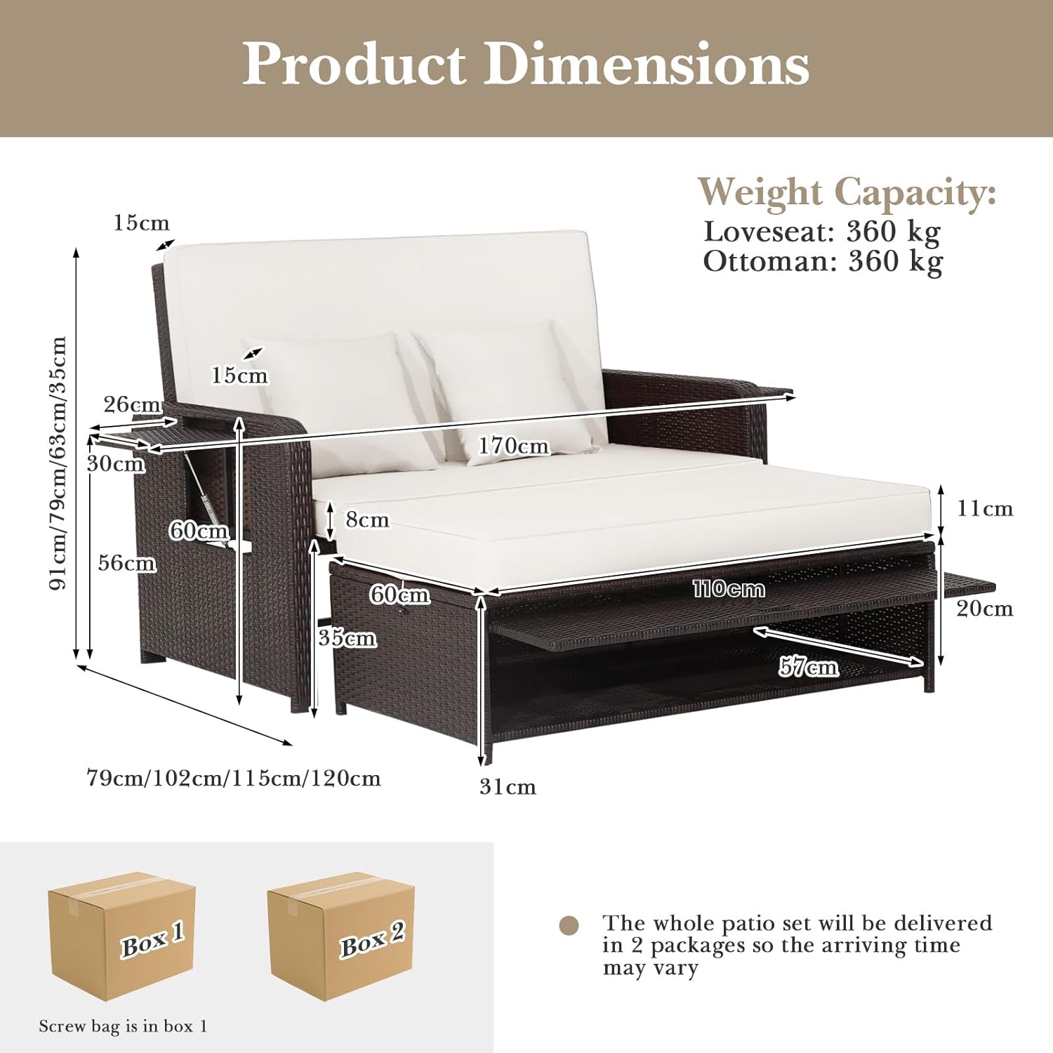 Outdoor Rattan Daybed Double Sun Lounger Storage Ottoman White Brown