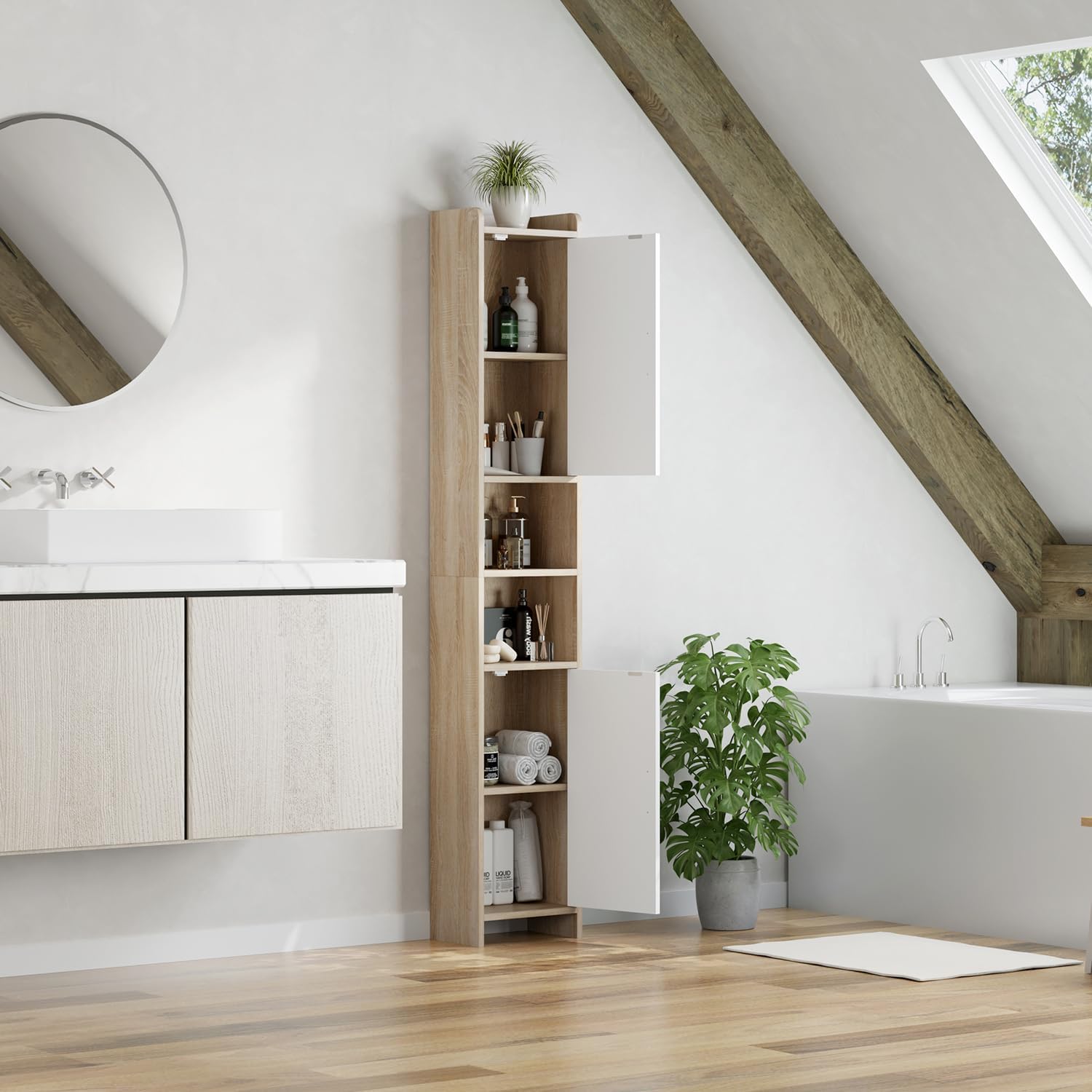 Tall Slim Bathroom Storage Cabinet 2 Doors White Maple 170cm