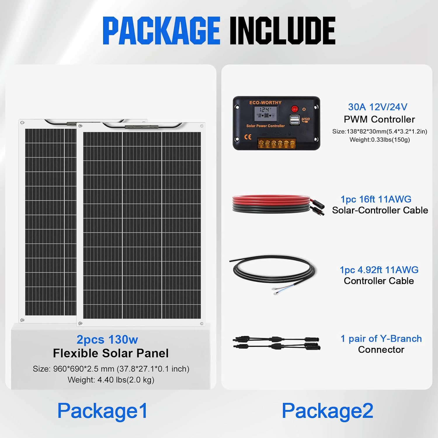 260W Flexible Solar Panel Kit 12V 2x130W Controller RV Off Grid