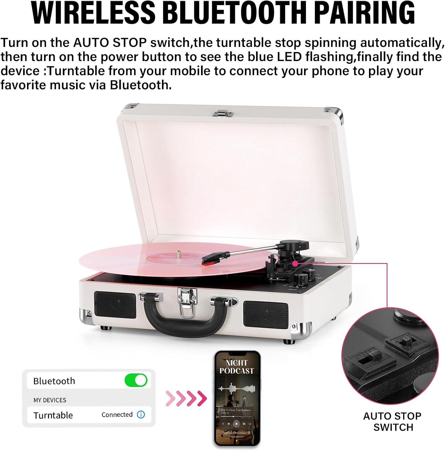 Portable Bluetooth 3-Speed Vinyl Record Player with Built-In Speakers