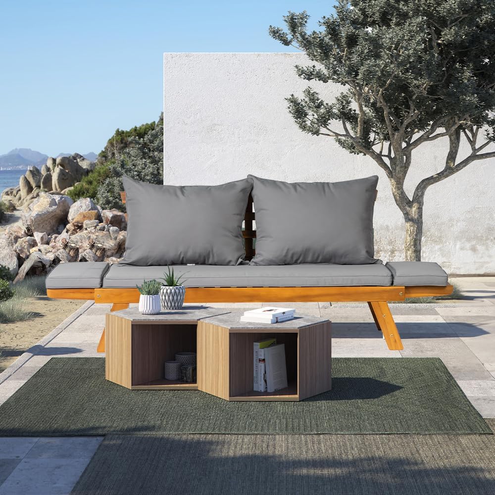 Acacia Wood Convertible Sofa Bed Outdoor Daybed Grey