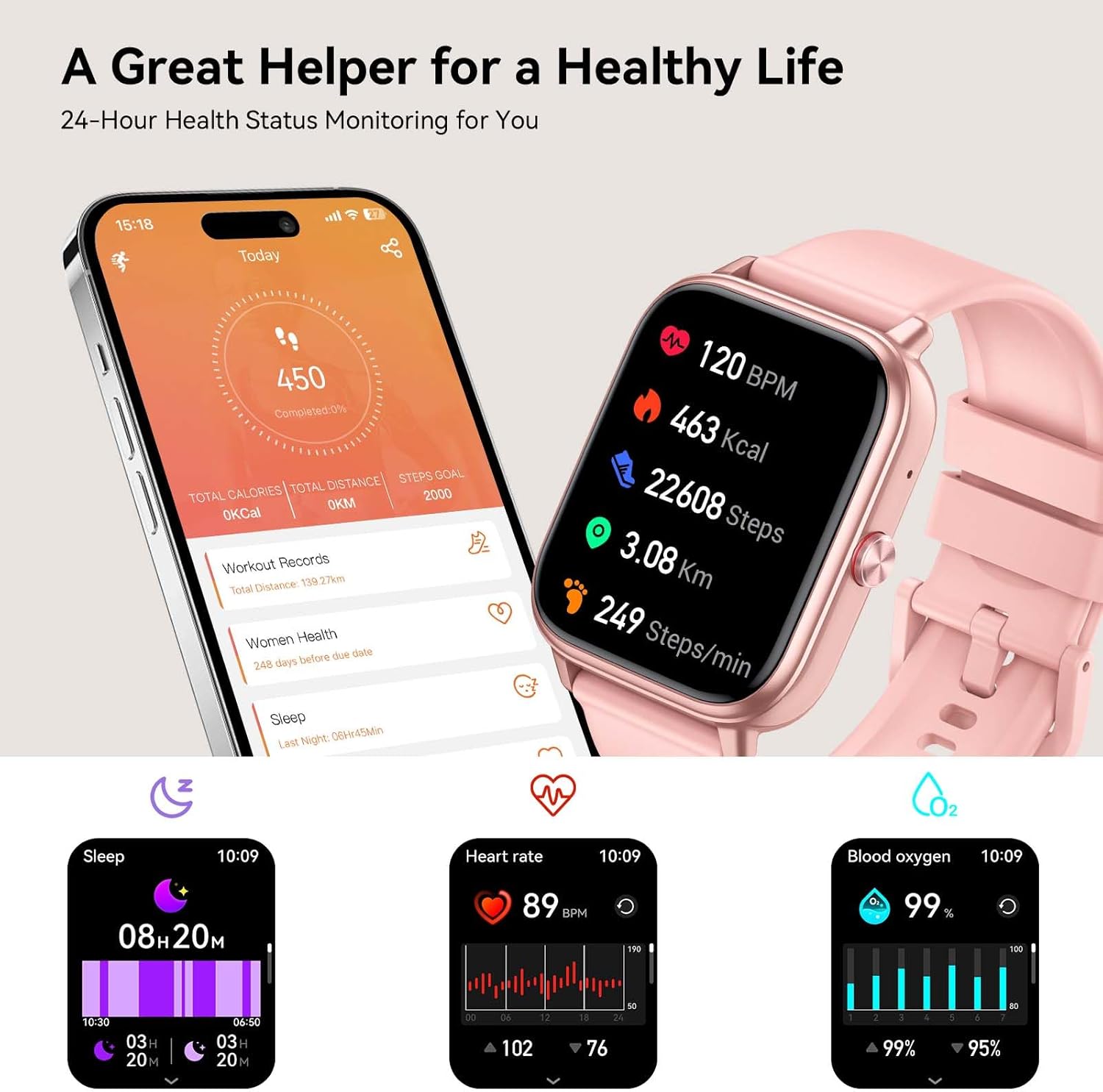 Smart Watch 20 Day Battery Bluetooth Calling Fitness Tracker Pink