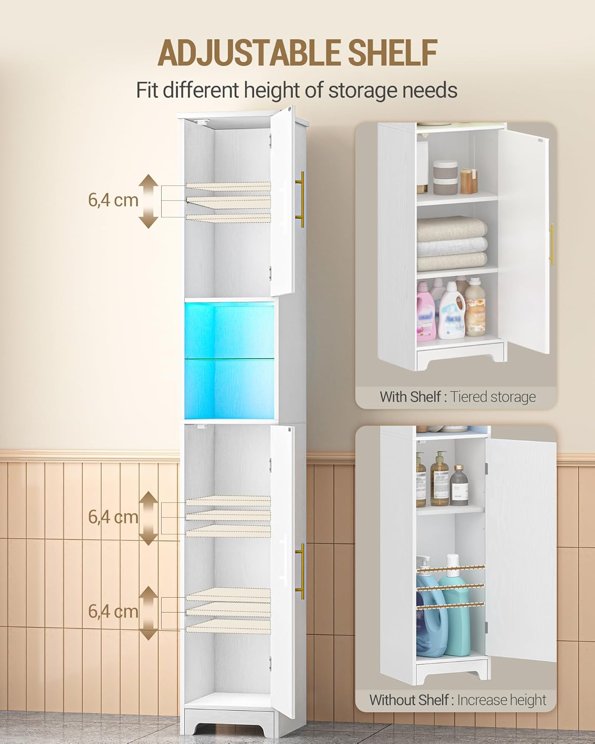 LED Tall Bathroom Storage Cabinet Remote Light Slim White 170cm