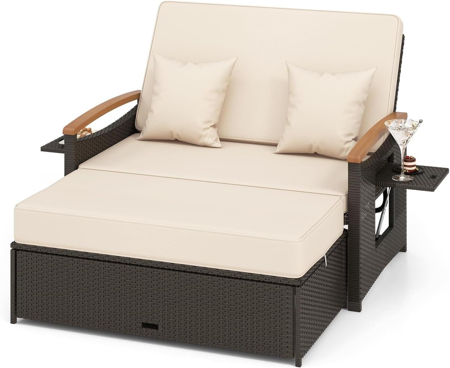 Double Rattan Daybed 2 Seater Sun Lounger Beige
