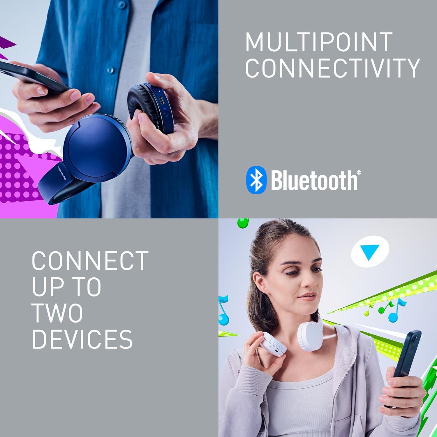 Wireless On Ear Bluetooth Headphones 72H Playtime Mic Multipoint