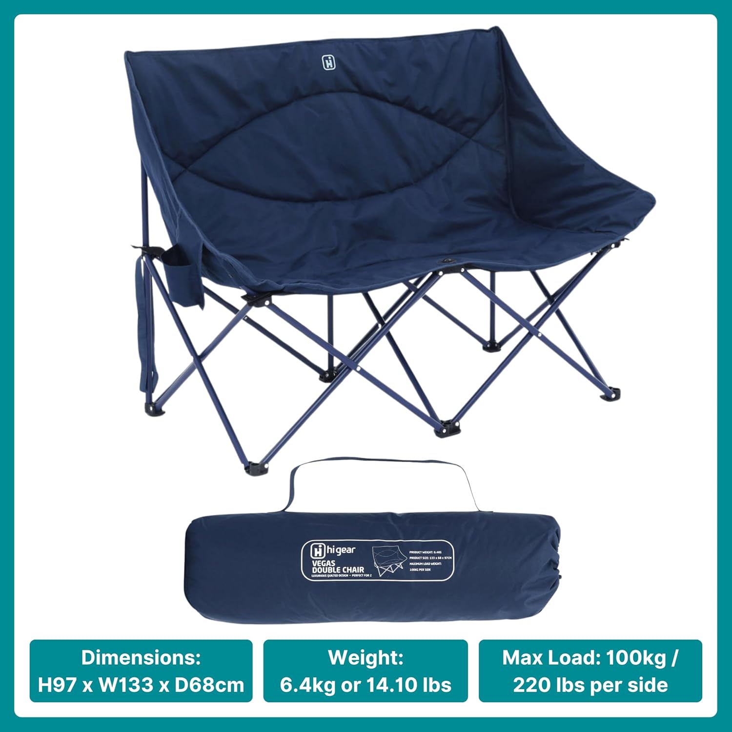 Double Quilted Camping Chair for 2 Folding Blue Seat
