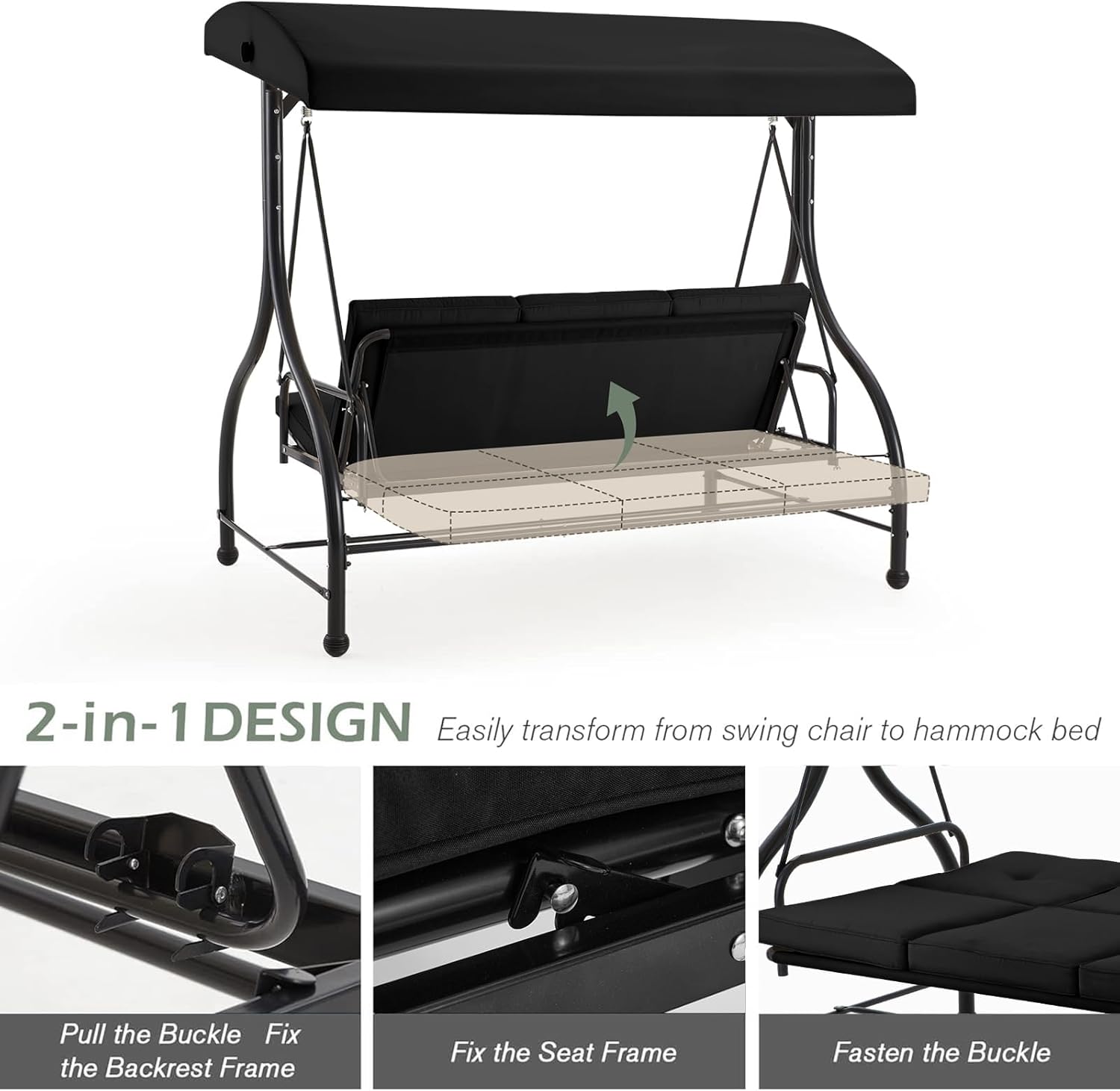 3 Seater Garden Swing Seat Bed Convertible Hammock Chair Black