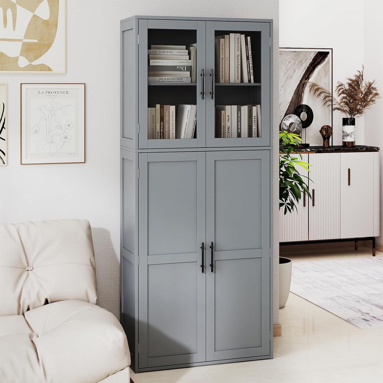 Tall Storage Cabinet Grey Glass Door Hook Shelf Unit