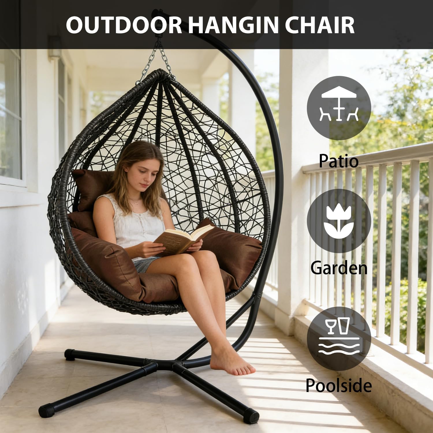 Rattan Hanging Egg Chair with Stand Cushion Black Brown