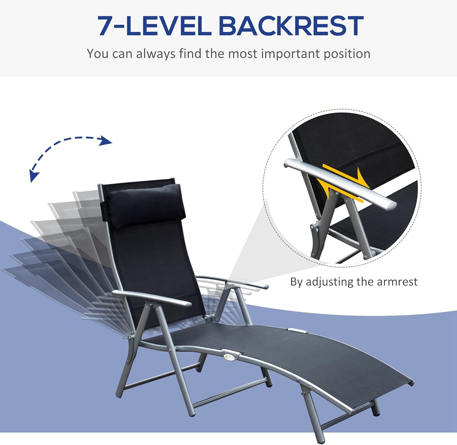 Heavy Duty Folding Sun Lounger 7 Level Recliner Black