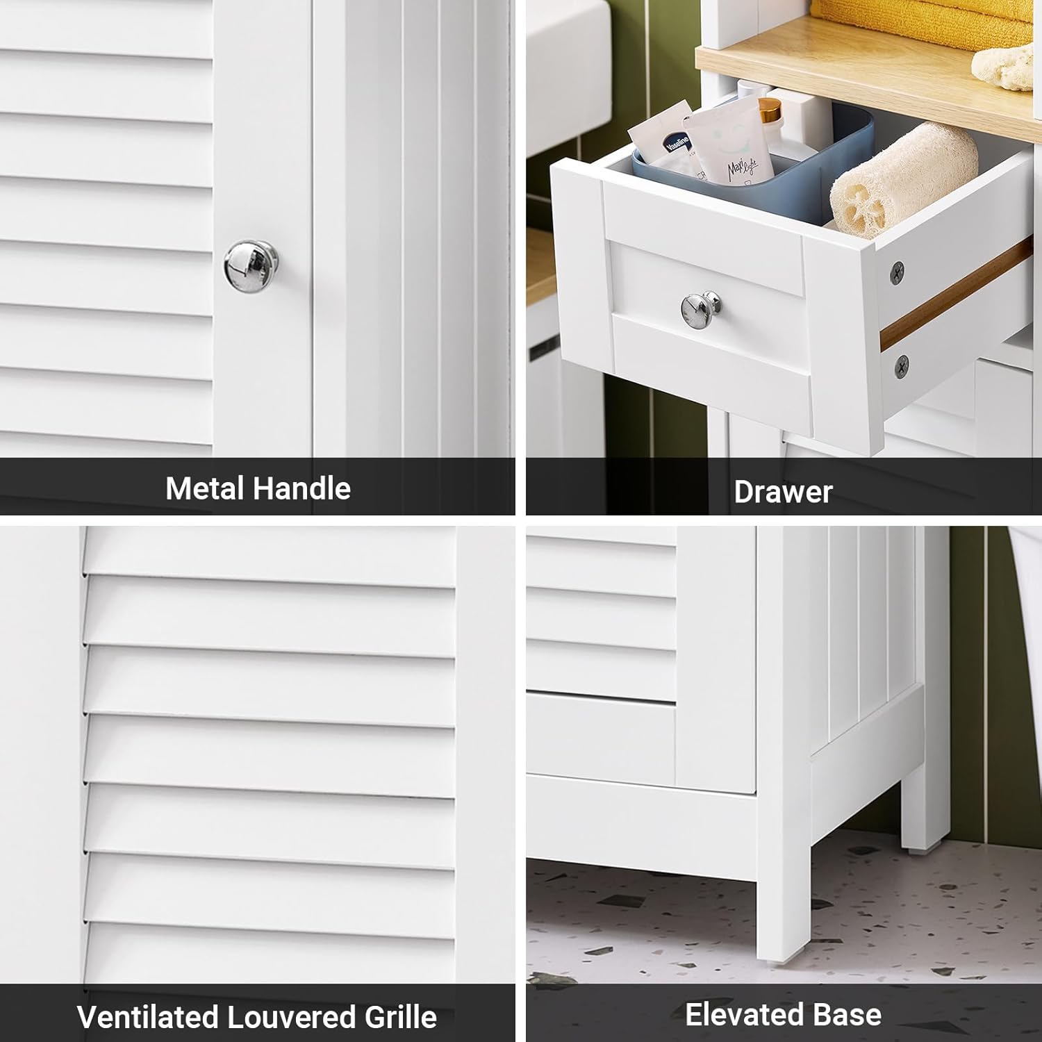 Slim Tall Bathroom Cabinet White Natural Louver Storage