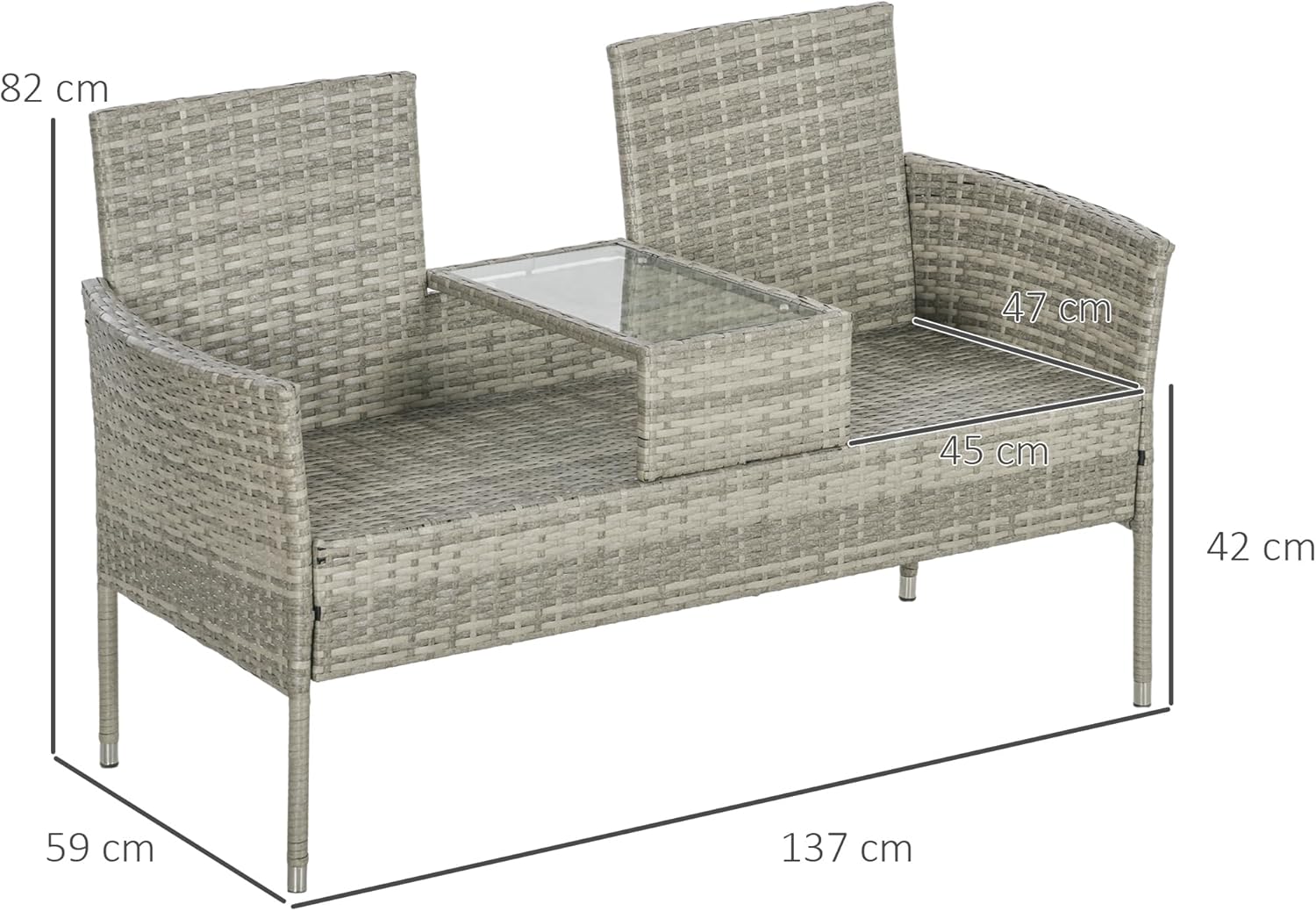 2 Seater Rattan Garden Bench with Glass Table Patio Love Seat Grey