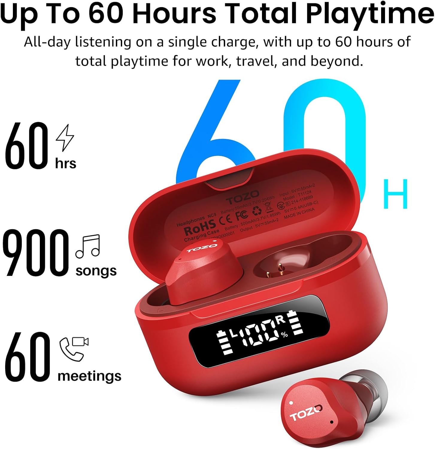 Wireless ANC Earbuds 45dB Noise Cancelling Bluetooth 60 Hour Playtime