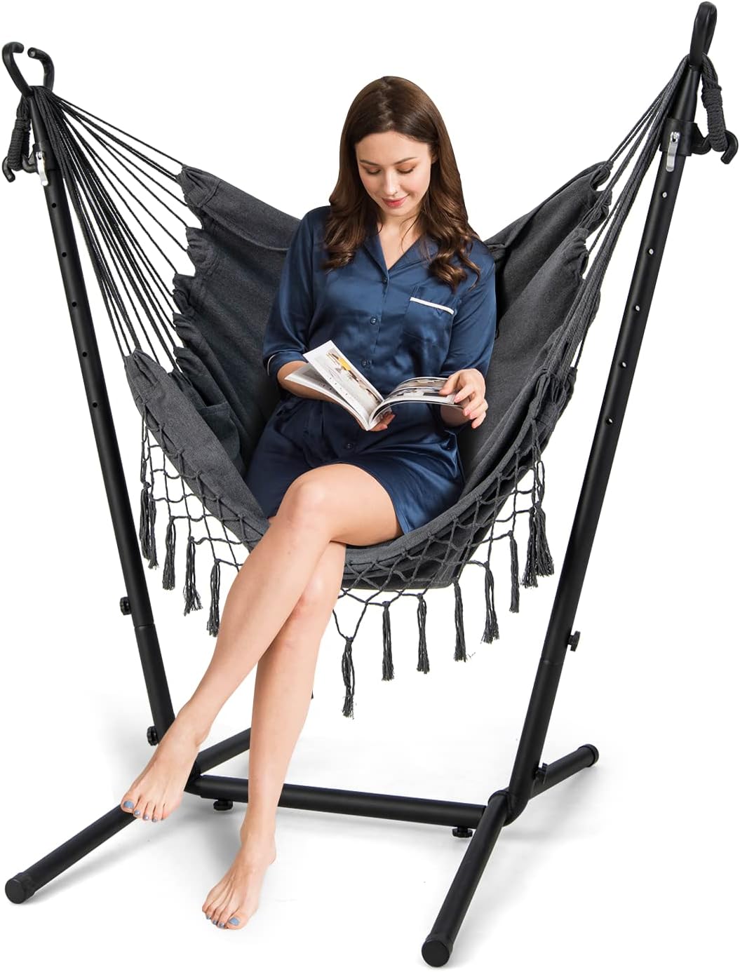 Hammock Chair with Stand Phone Holder Grey Swing Seat