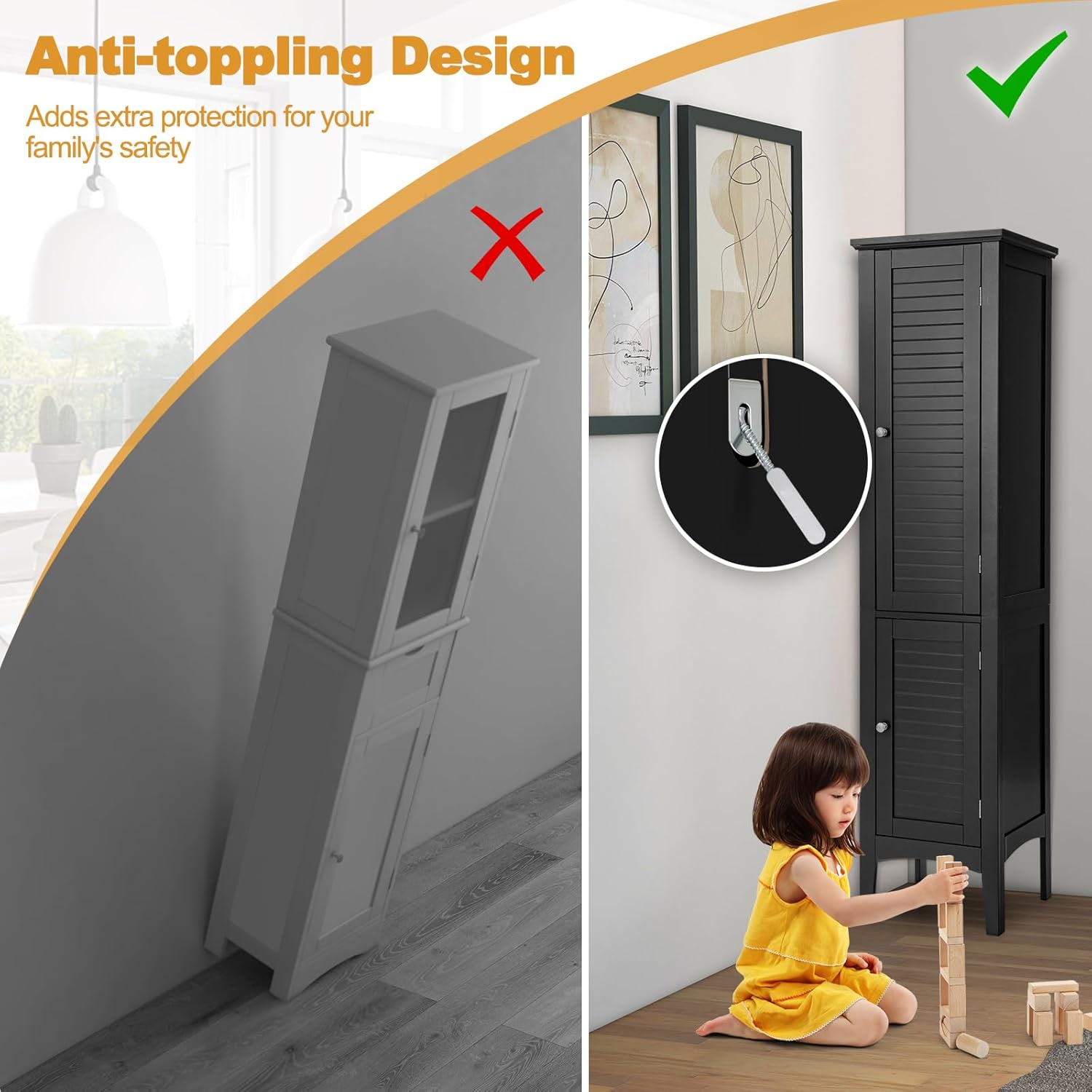 Tall Slim Storage Cabinet Black 5 Tier 2 Door Cupboard