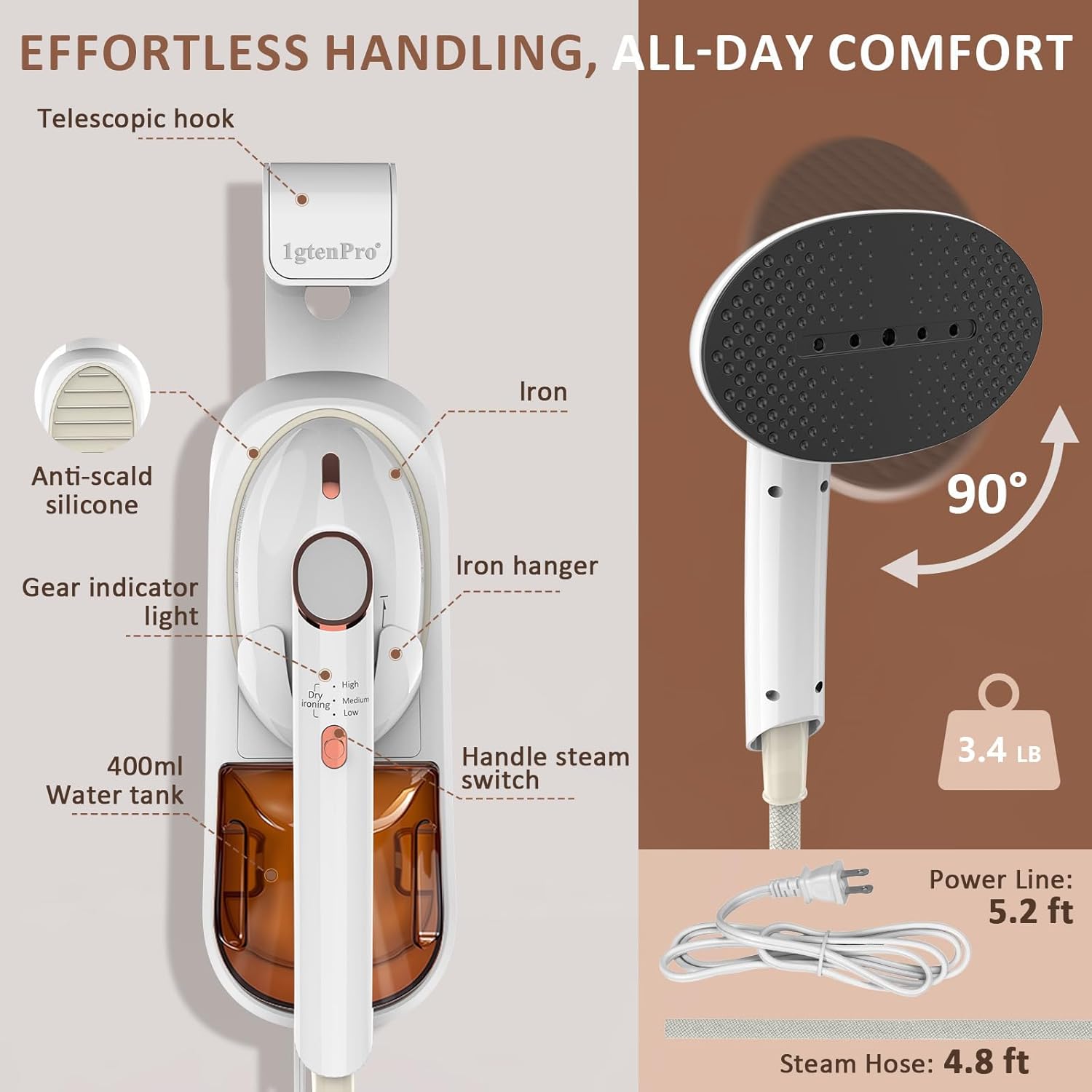 Handheld Clothes Steamer 1500W 400ml Tank 3 Modes Fast Heat