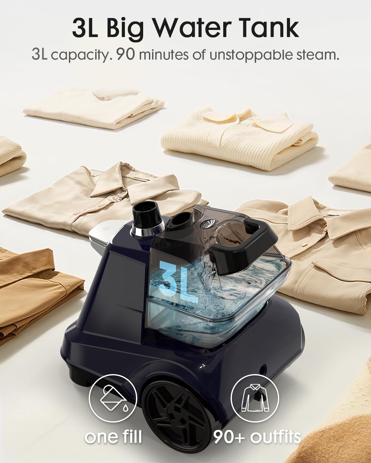2200W Garment Steamer Upright 3L Tank 90 Min Steam 45g Power
